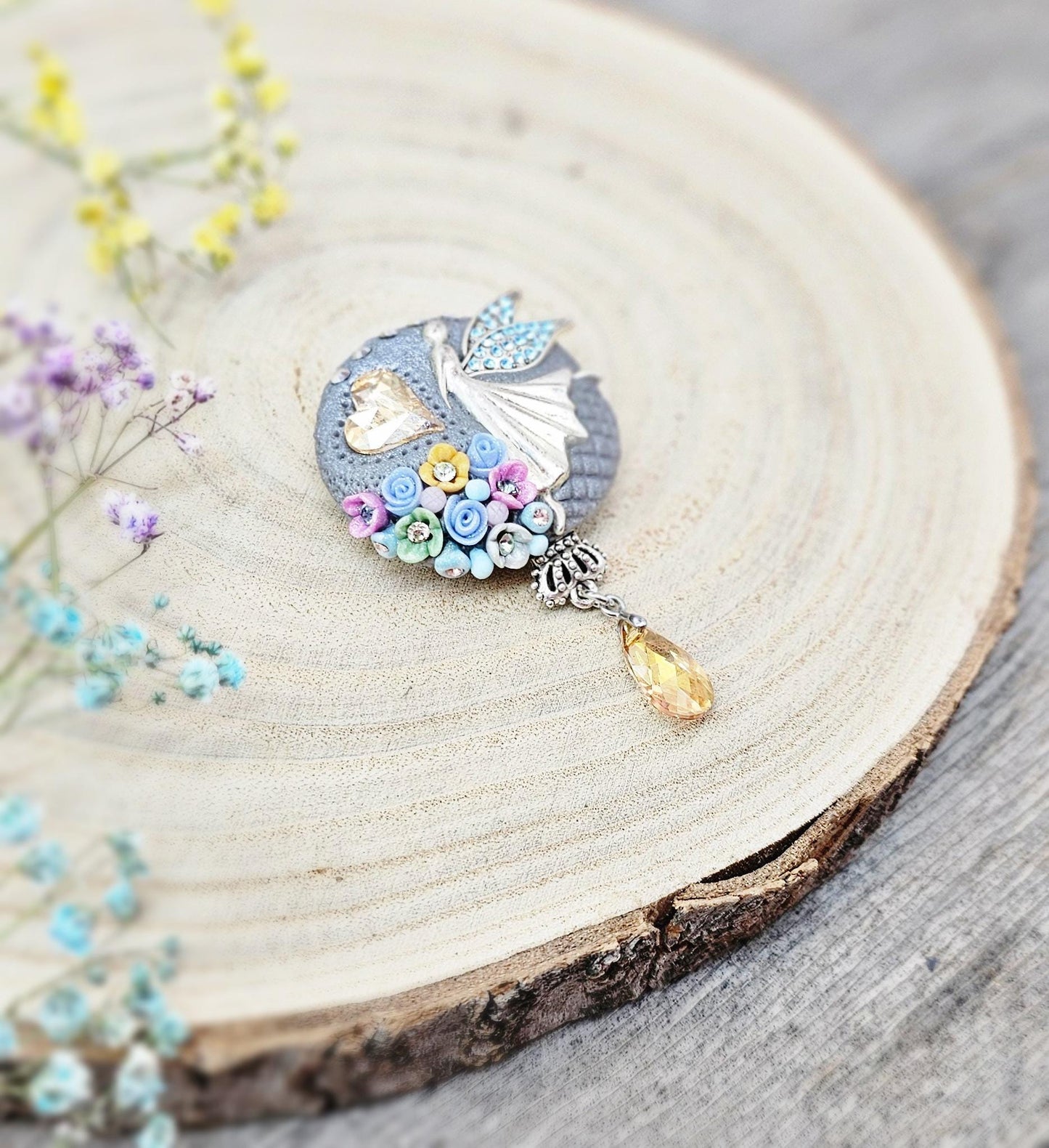 handmade polymer clay brooch with flowers, crystals and heart. Flower jewelry.