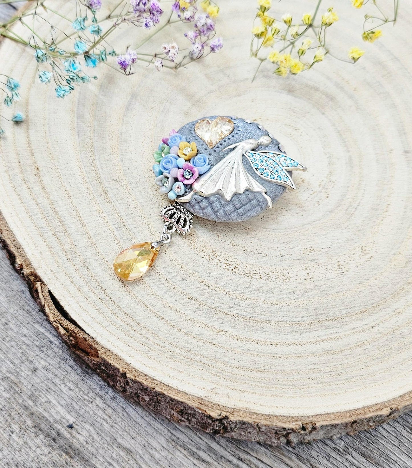handmade polymer clay brooch with flowers, crystals and heart. Flower jewelry.