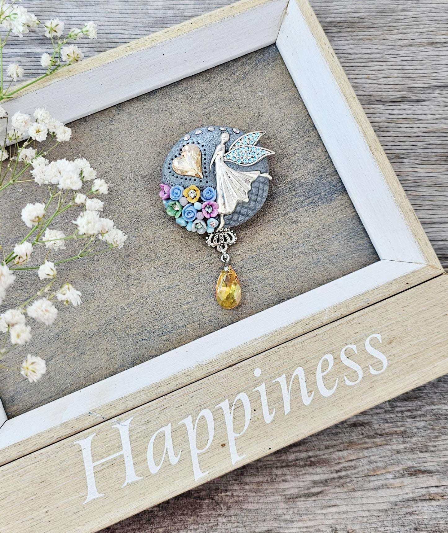 Handmade Multicolor Polymer Clay Brooch With Fairy, Flowers, Crystals and Heart on reverse