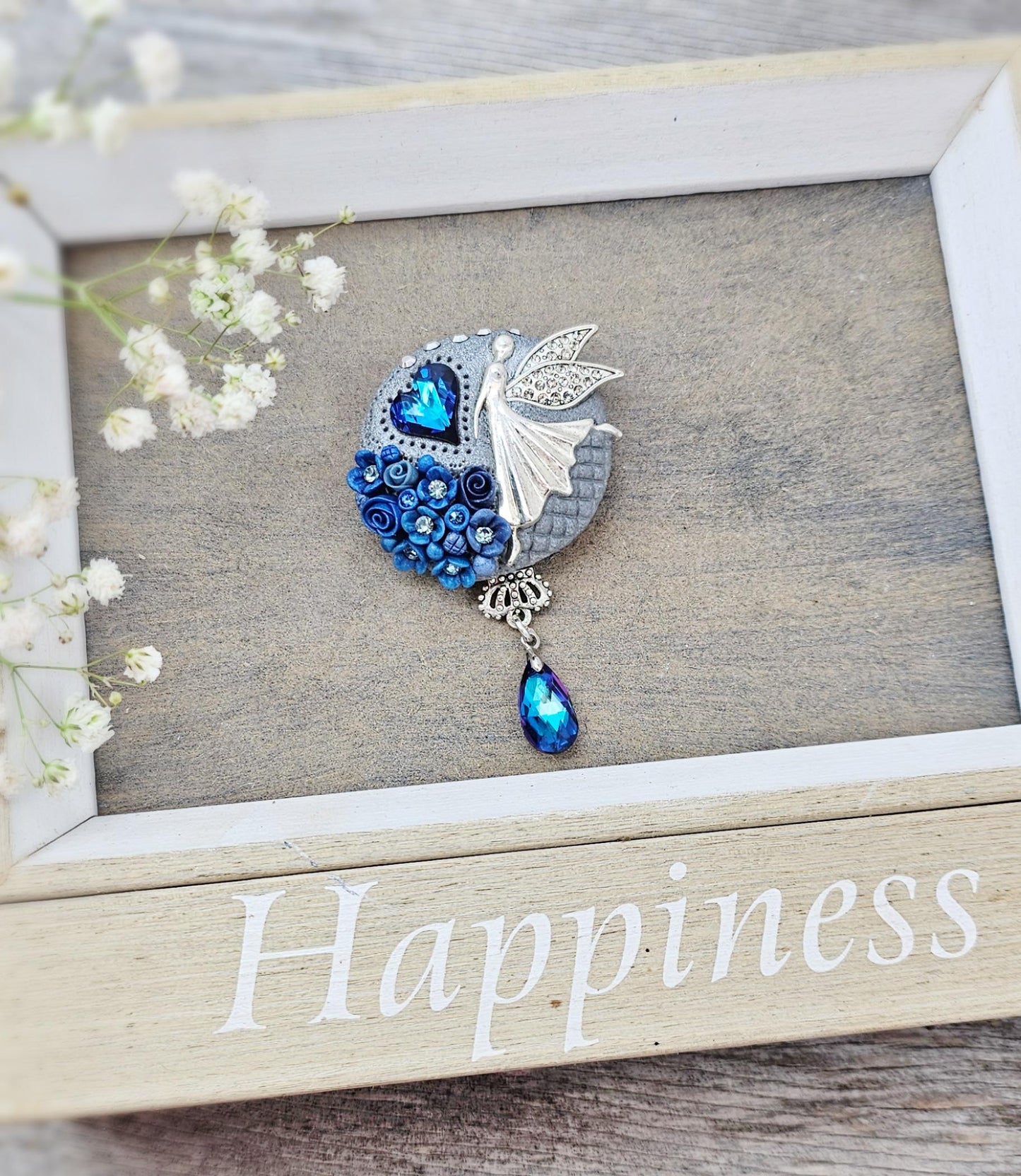 handmade polymer clay brooch with flowers, crystals and heart. Flower jewelry.
