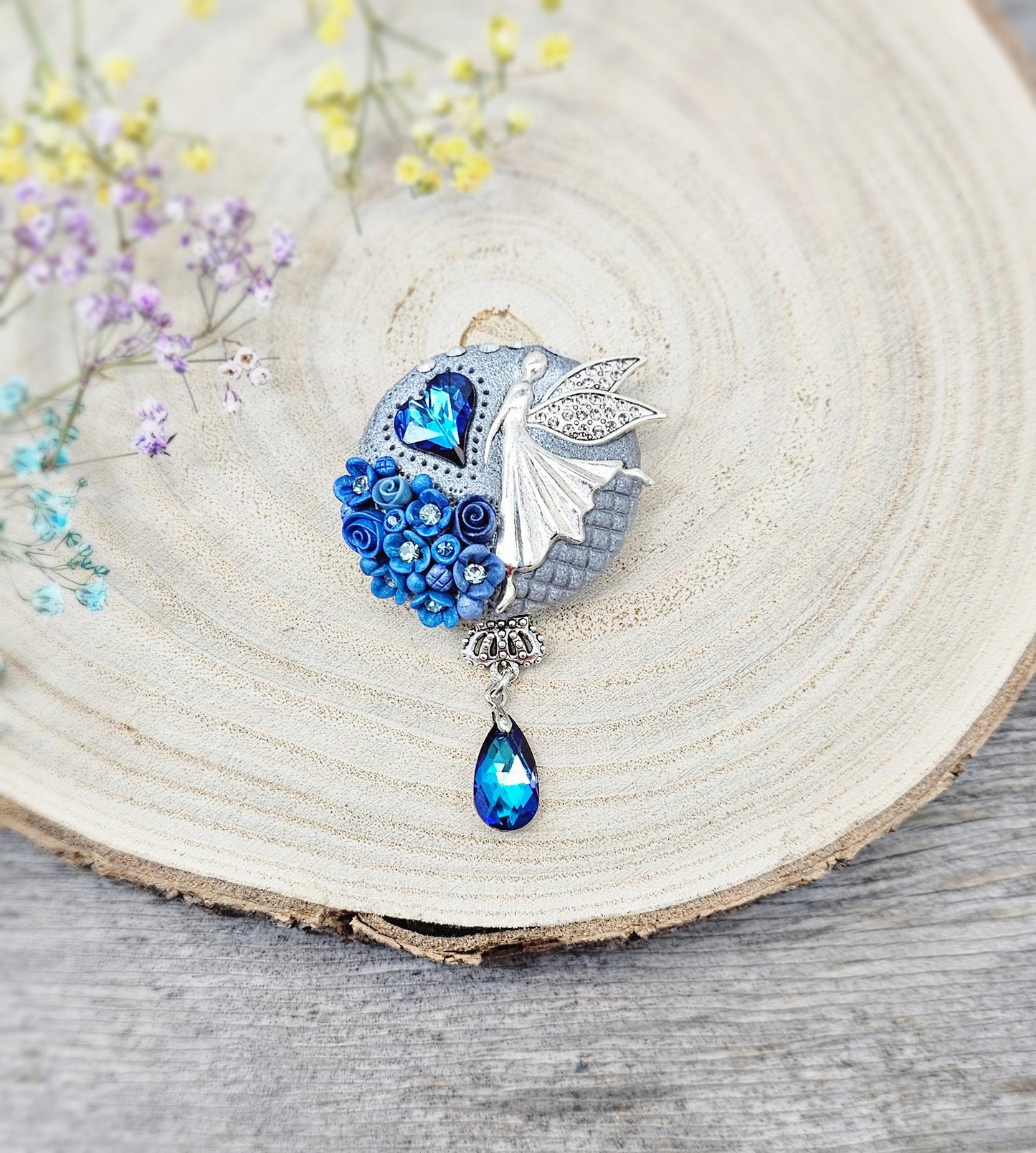 handmade polymer clay brooch with flowers, crystals and heart. Flower jewelry.