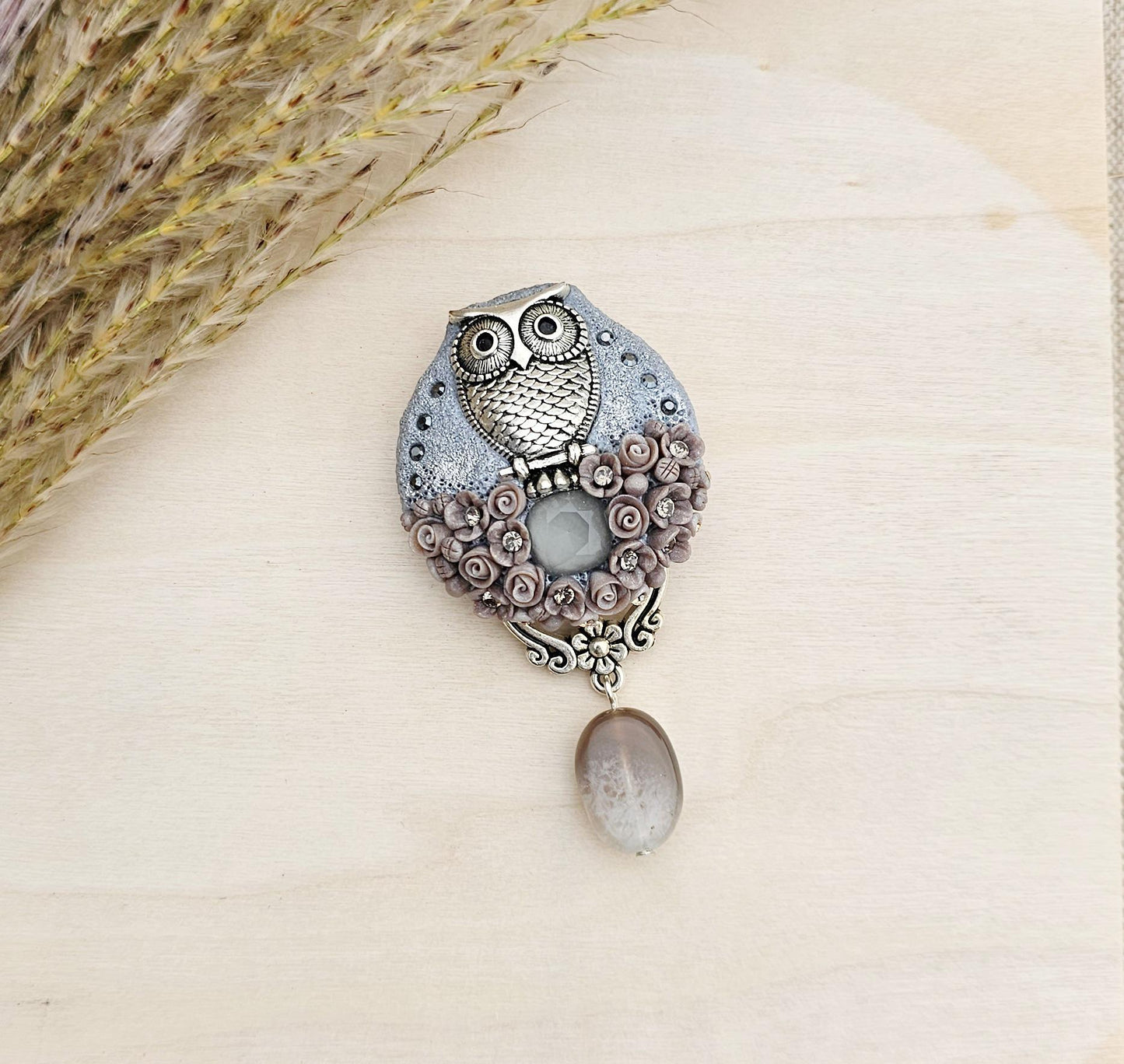handmade polymer clay brooch with owl and handmade flowers, crystal and agate