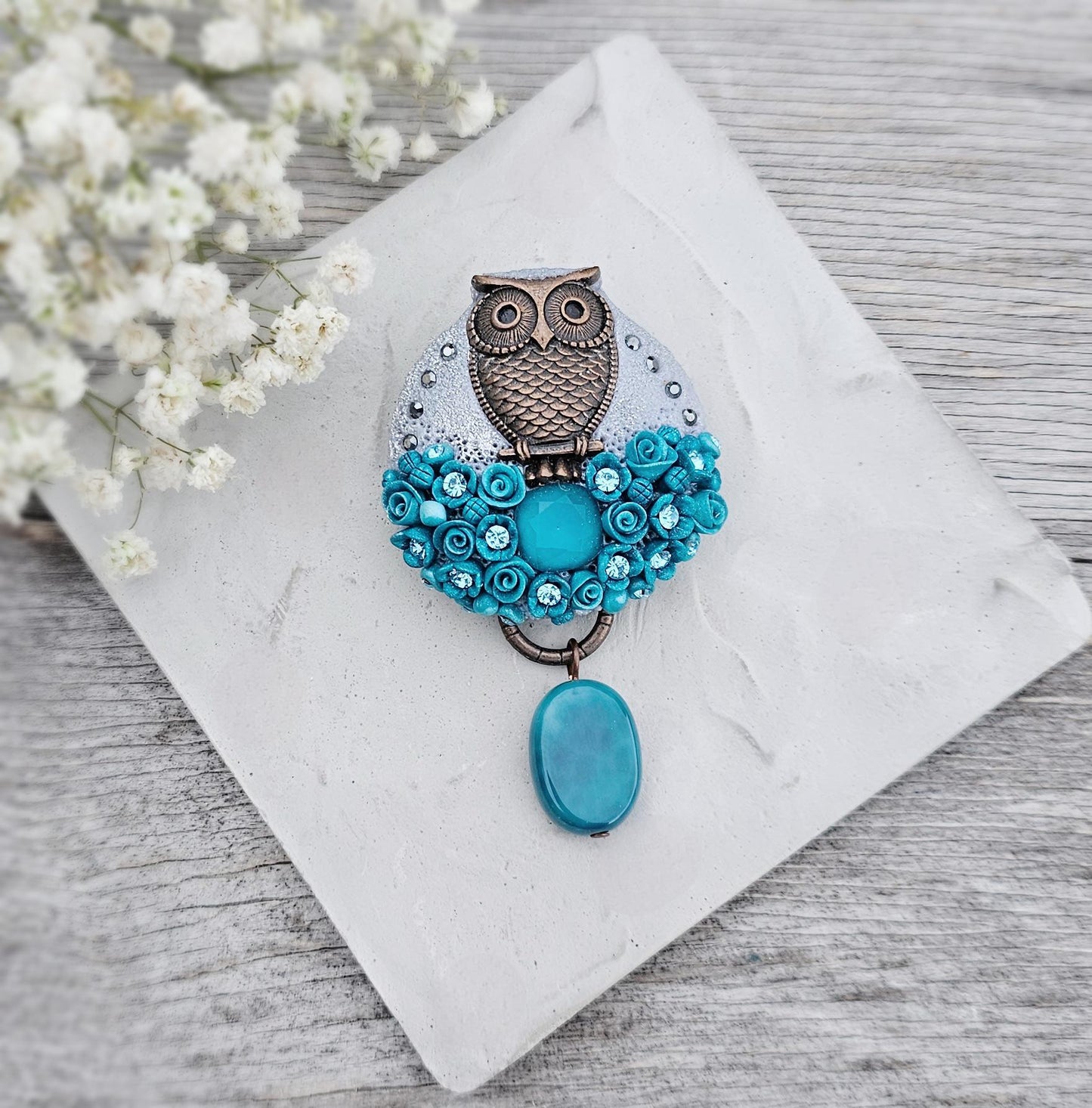 Handcrafted brooch from polymer clay with owl