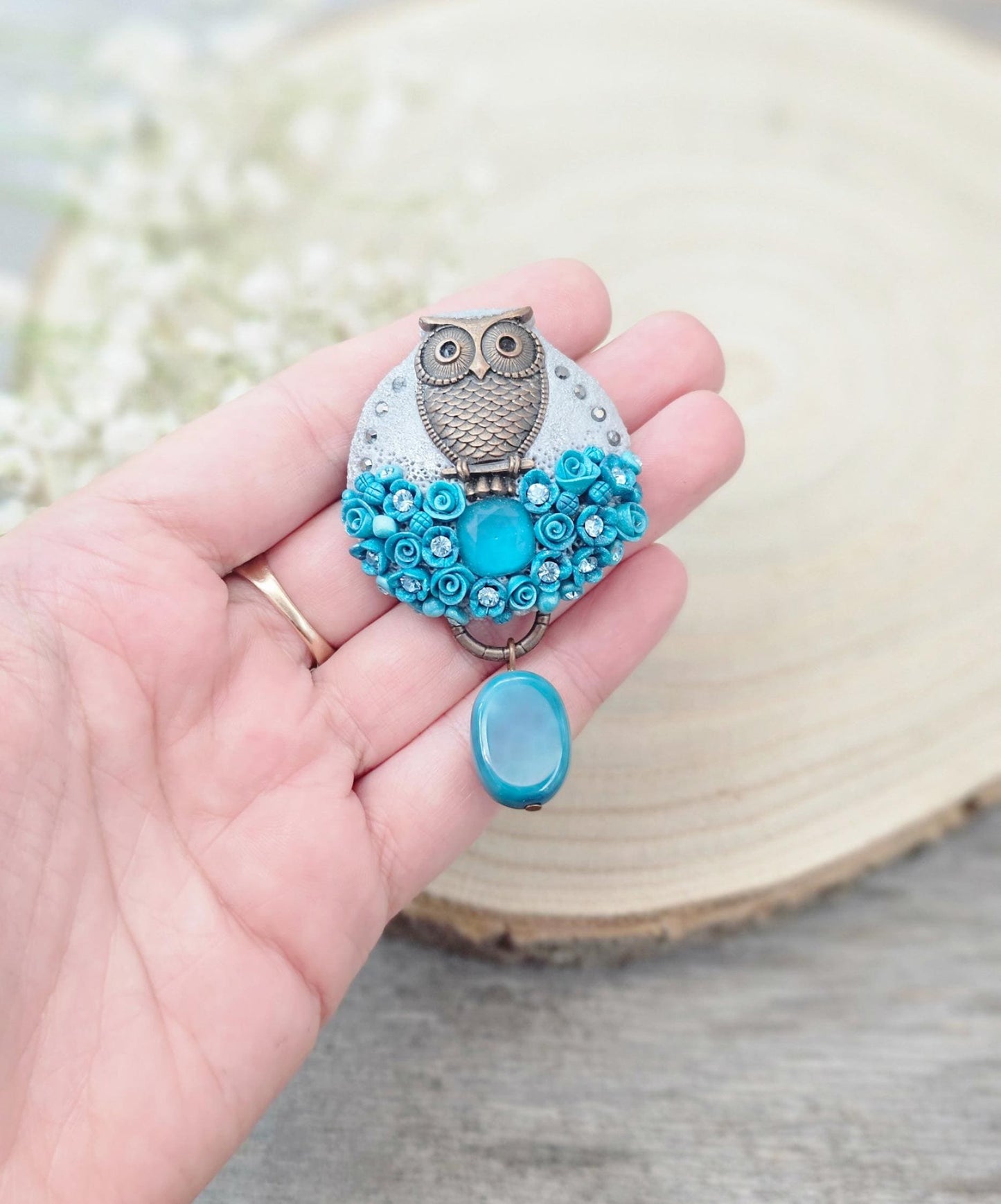 Handcrafted brooch from polymer clay with owl
