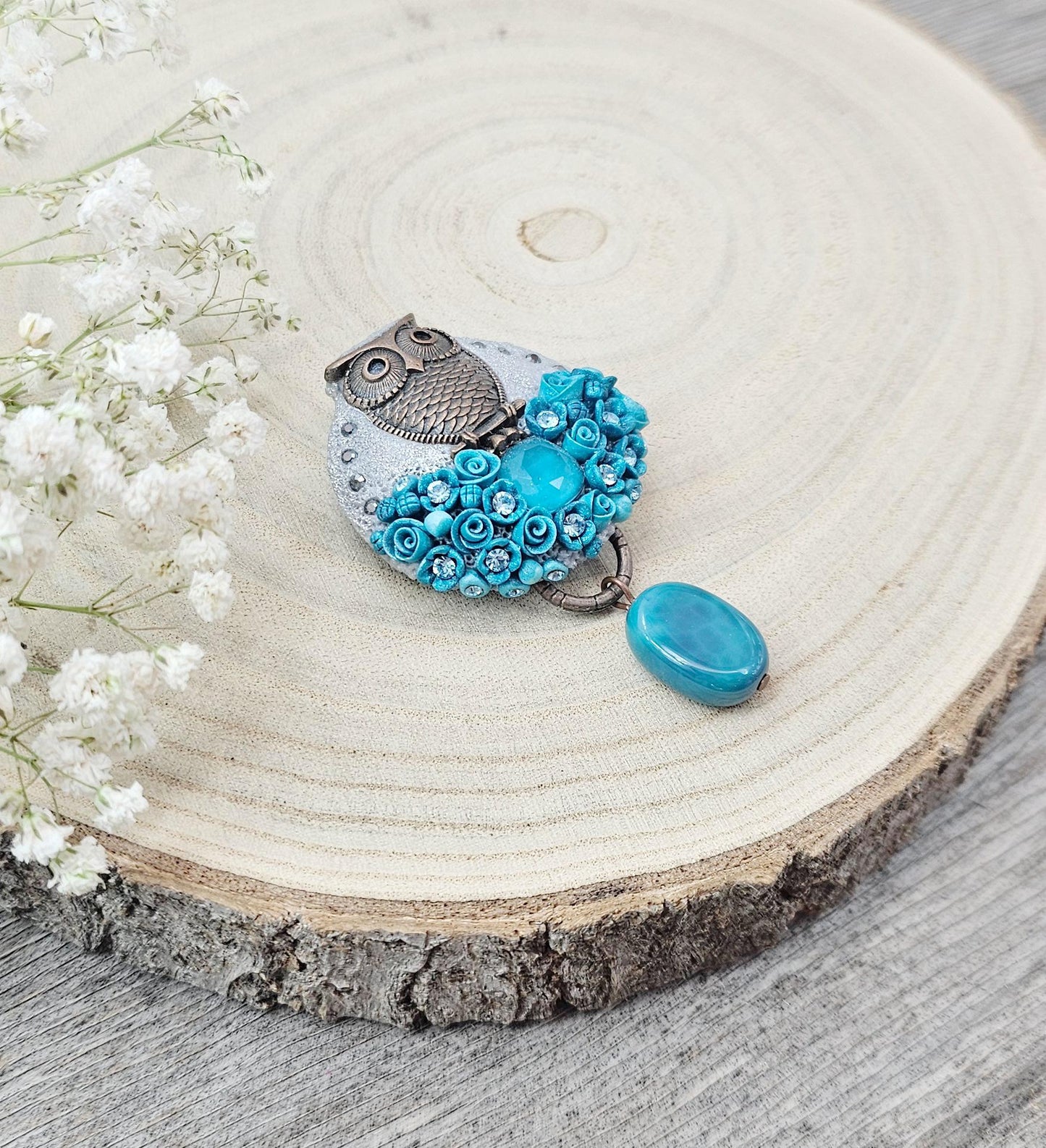Handcrafted brooch from polymer clay with owl