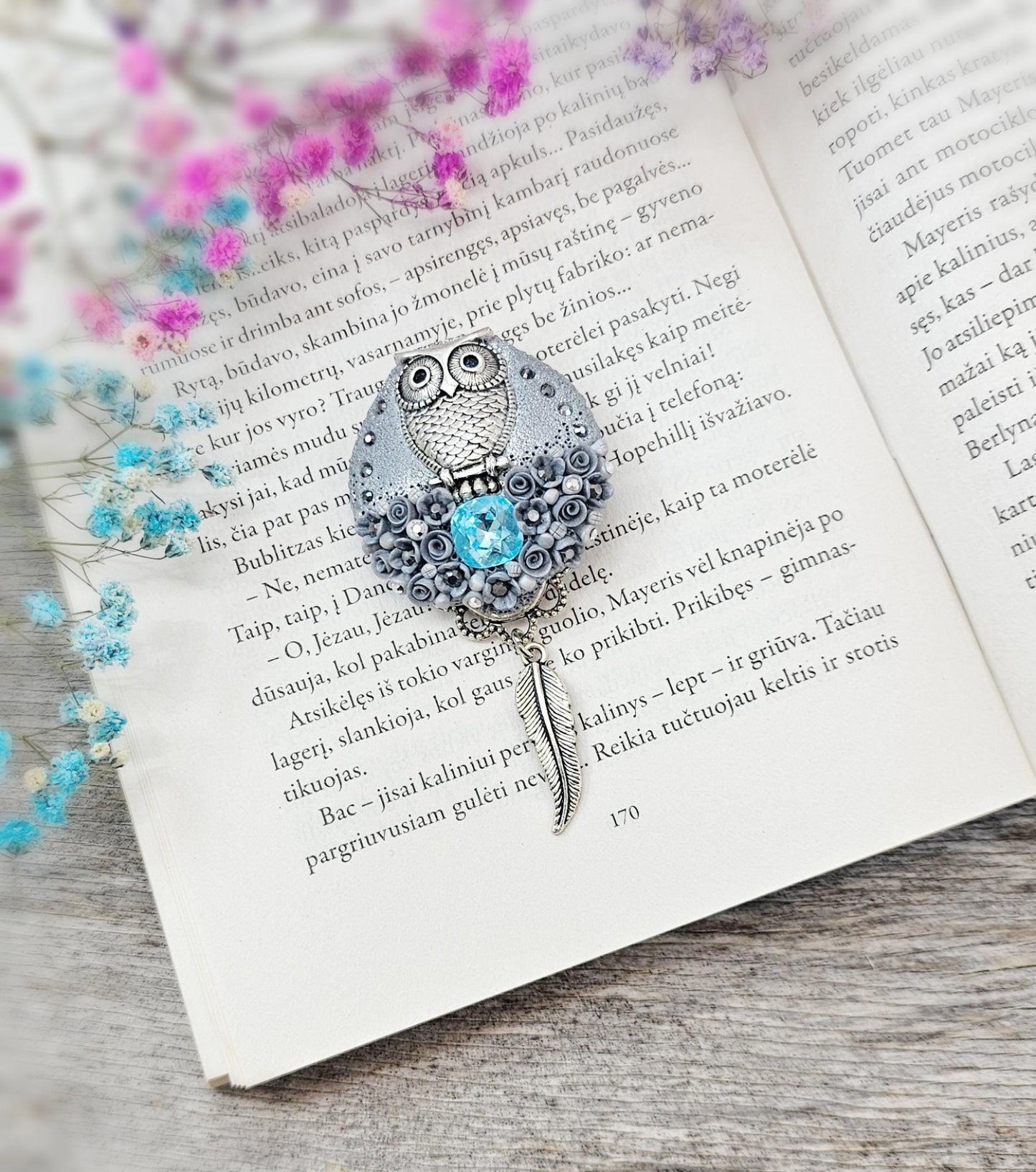 handmade polymer clay brooch with owl and handmade flowers and crystal