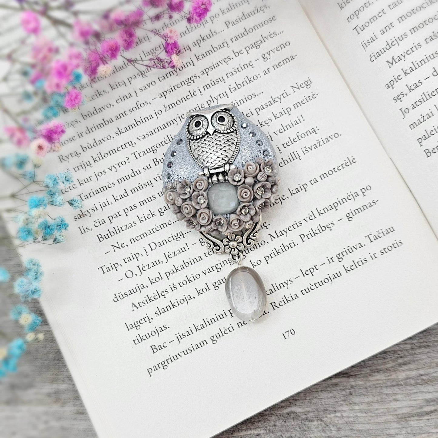 handmade polymer clay brooch with owl and handmade flowers, crystal and agate