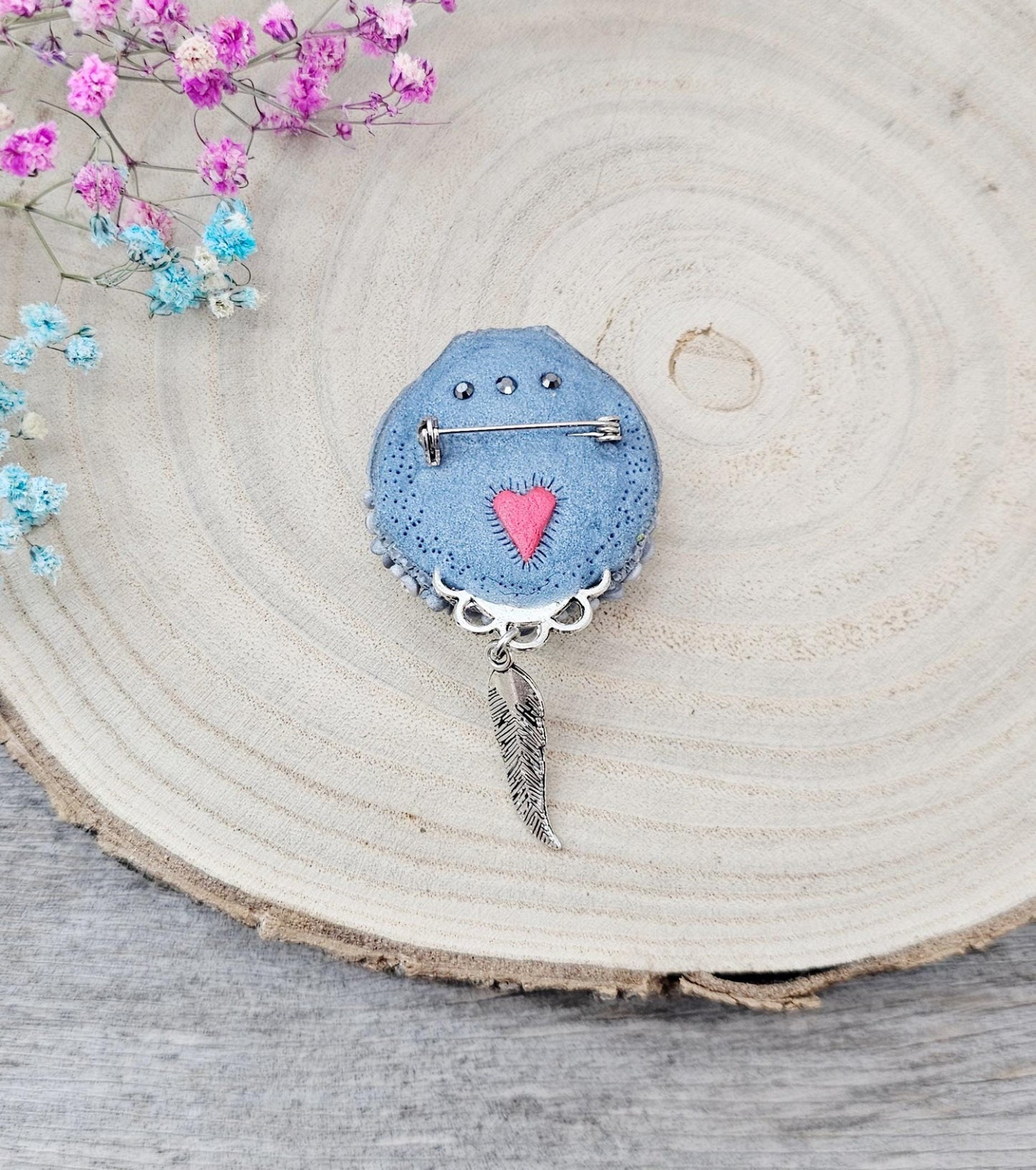 handmade polymer clay brooch with owl and handmade flowers and crystal