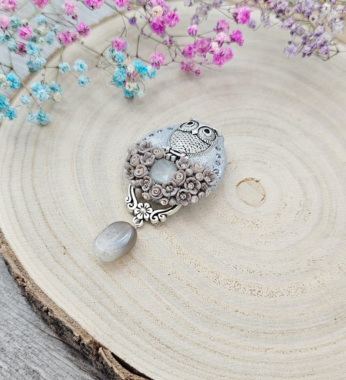handmade polymer clay brooch with owl and handmade flowers, crystal and agate