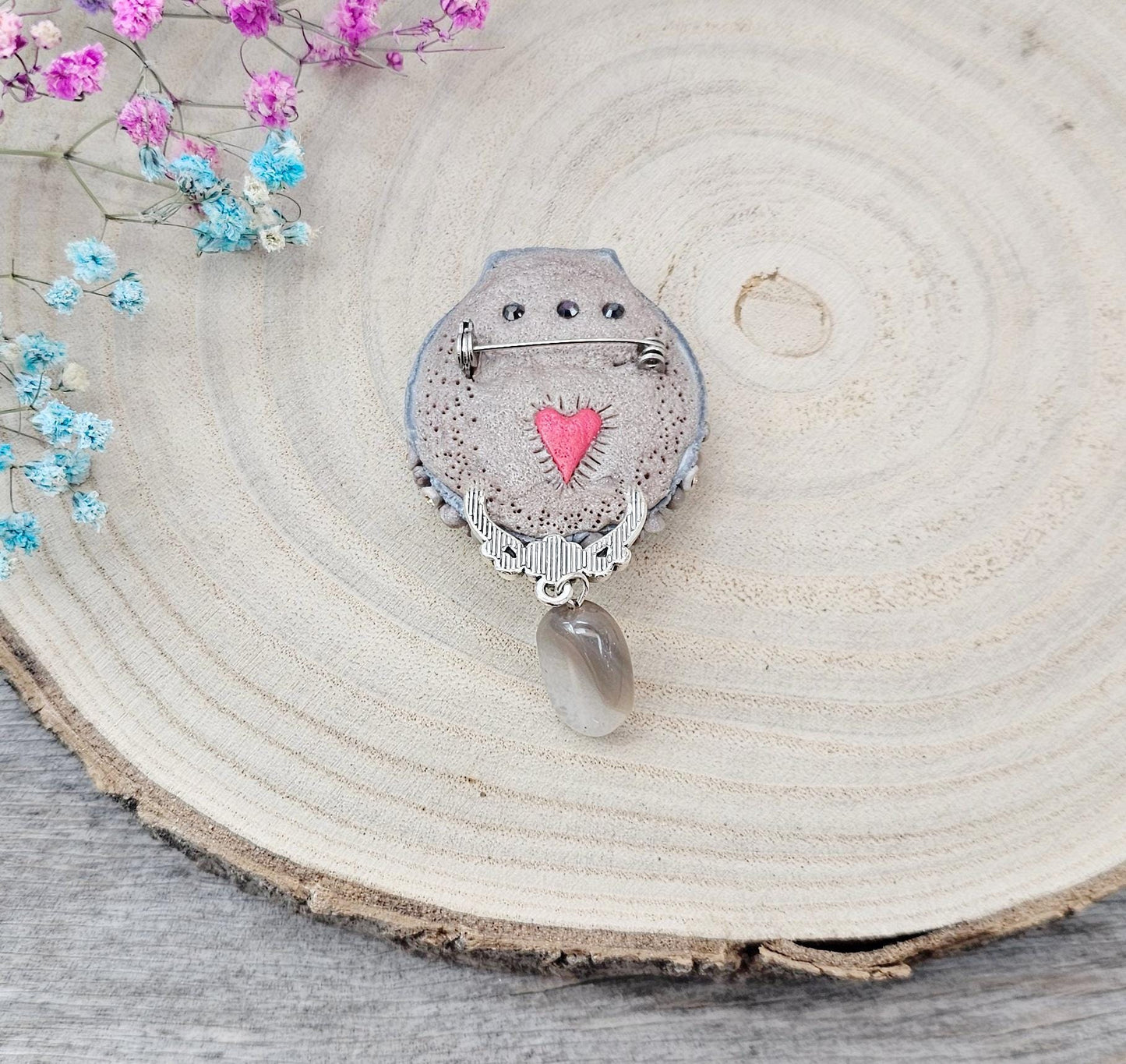 handmade polymer clay brooch with owl and handmade flowers, crystal and agate