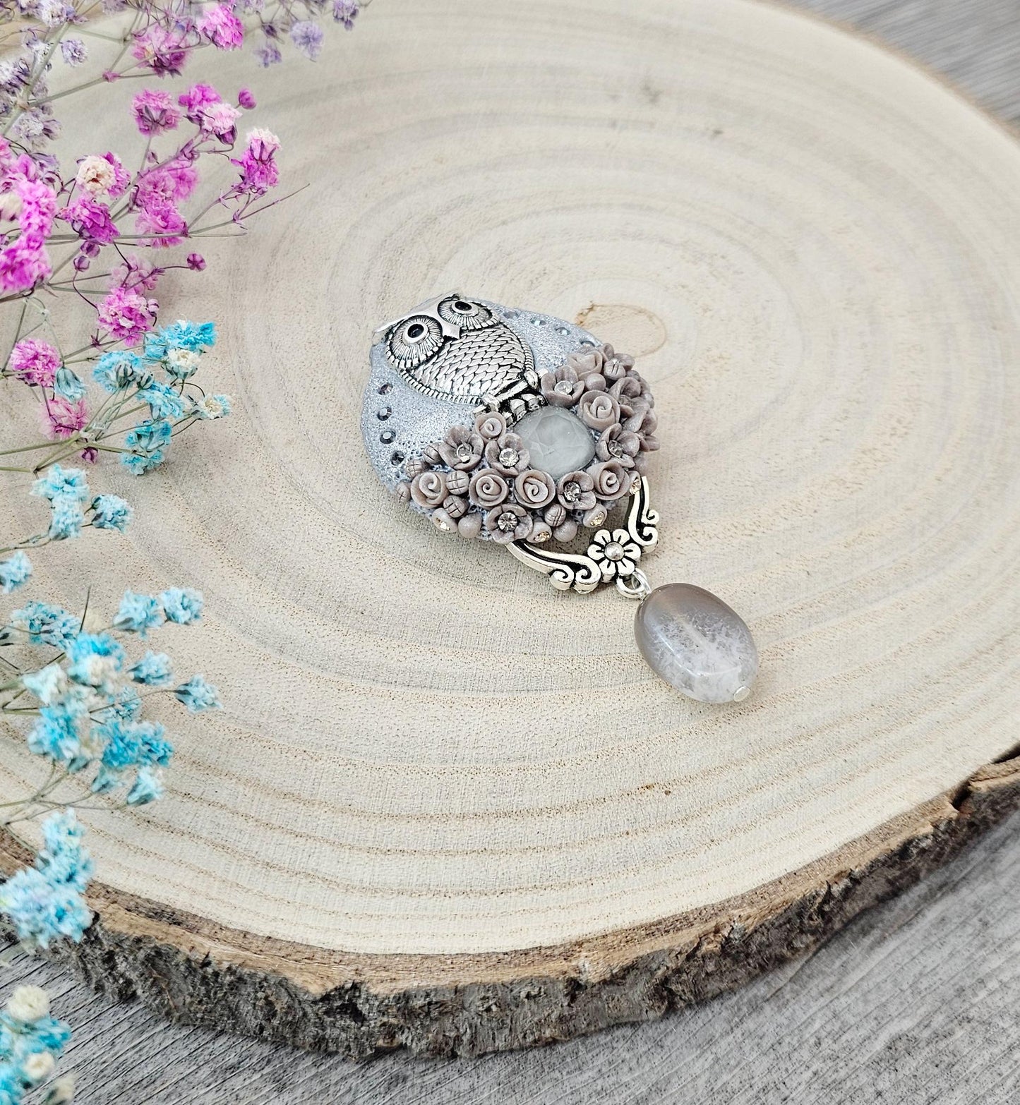 handmade polymer clay brooch with owl and handmade flowers, crystal and agate