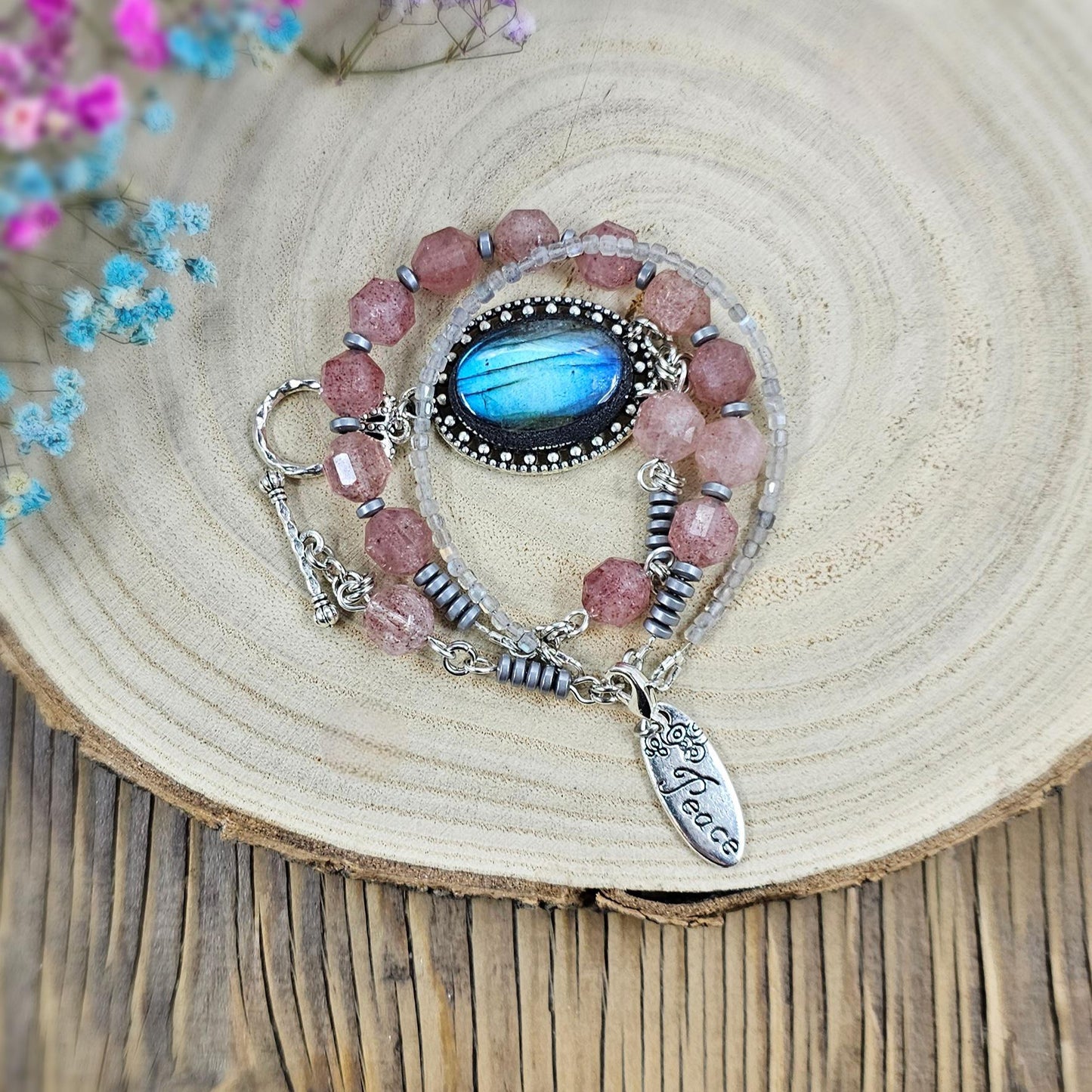 Handcrafted Labradorite and Strawberry Quartz Bracelet – Unique Wrap Design with a Blue Shimmering Centerpiece