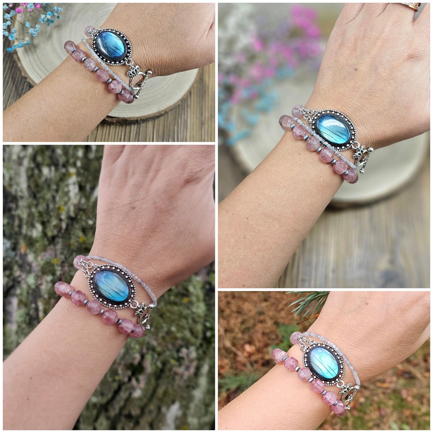 Handcrafted Labradorite and Strawberry Quartz Bracelet – Unique Wrap Design with a Blue Shimmering Centerpiece