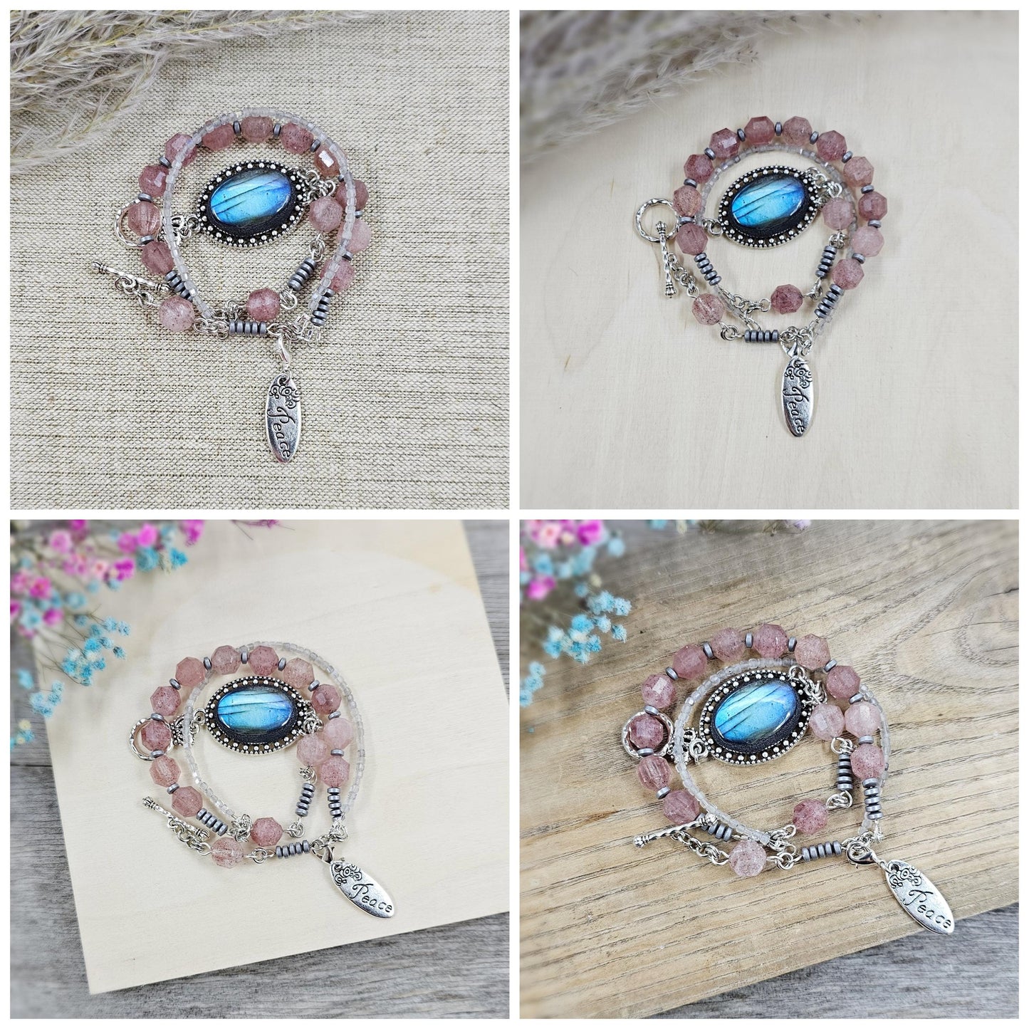 Handcrafted Labradorite and Strawberry Quartz Bracelet – Unique Wrap Design with a Blue Shimmering Centerpiece