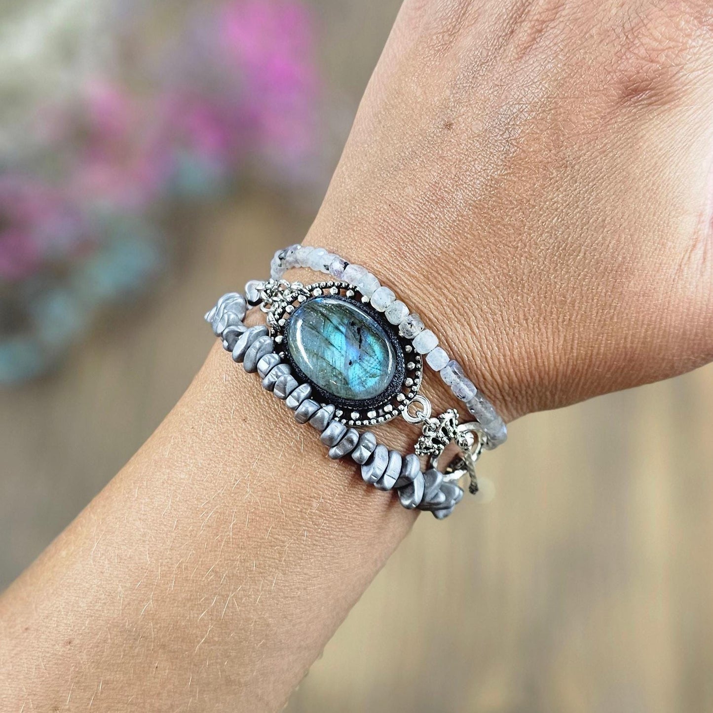 Handcrafted Labradorite and Hematite Bracelet – Unique Wrap Design