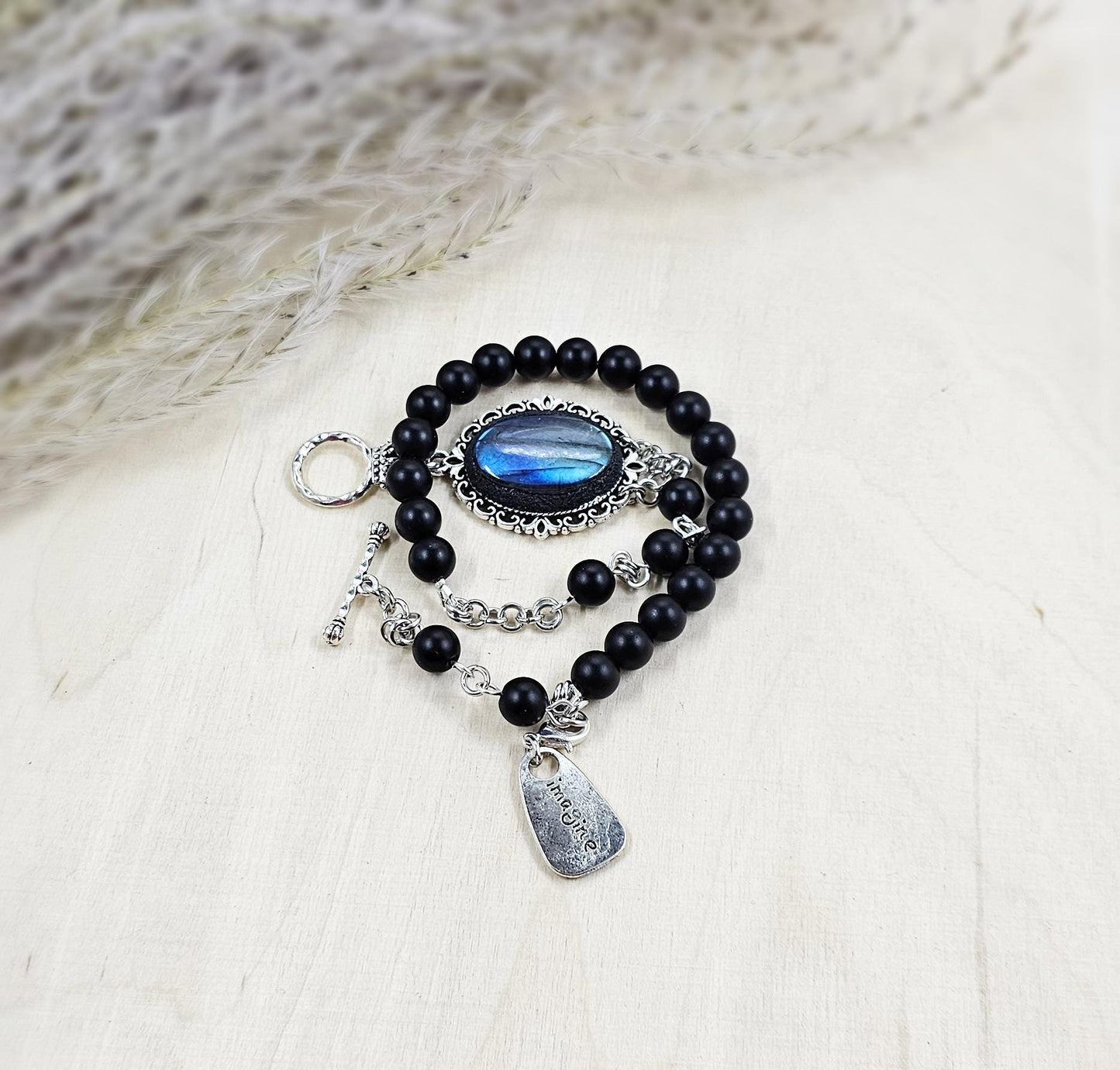 Unique one of a kind bracelet with blue labradorite and black hematite