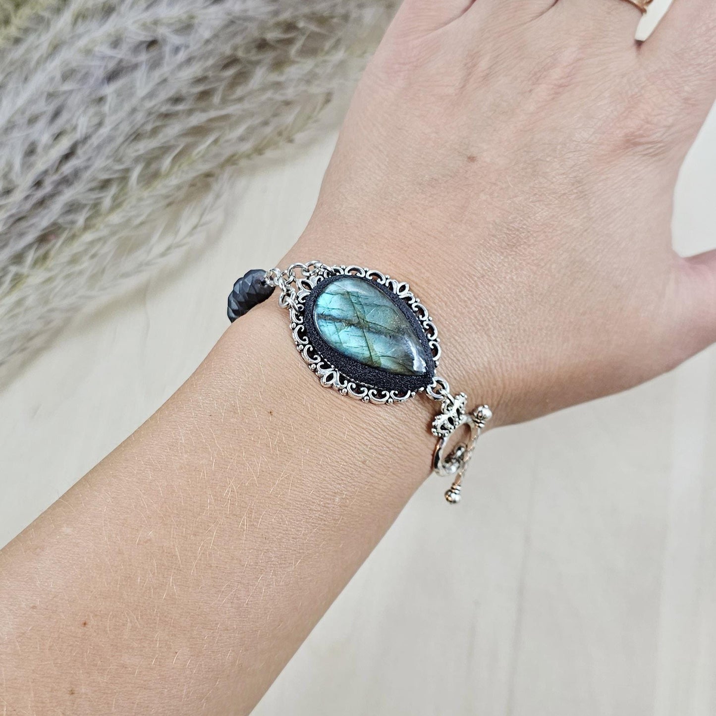 Handmade Elegant Labradorite and Hematite Bracelet - Silver Color Accented, Mystical Energy Jewelry