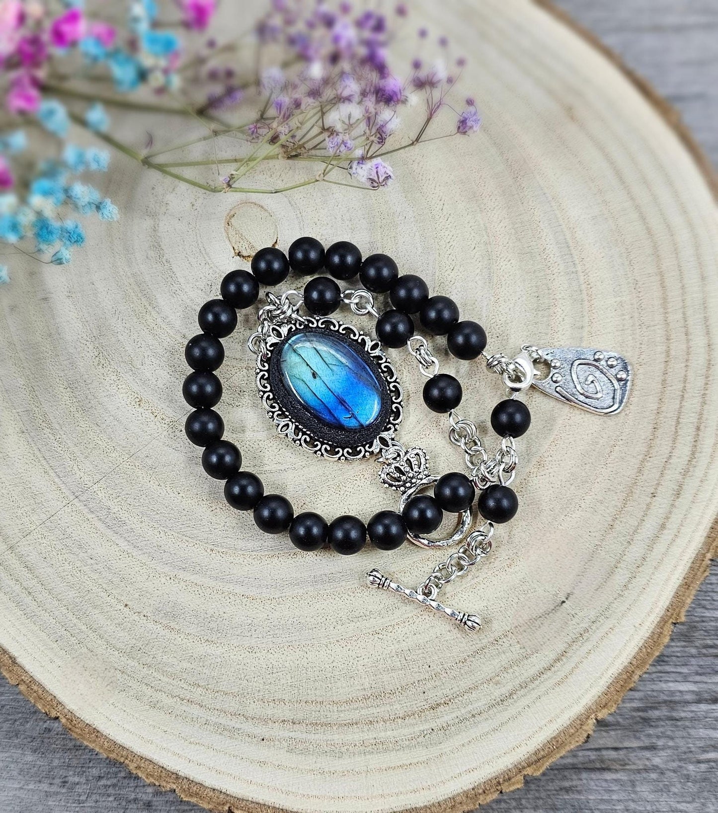Unique one of a kind bracelet with blue labradorite and black hematite