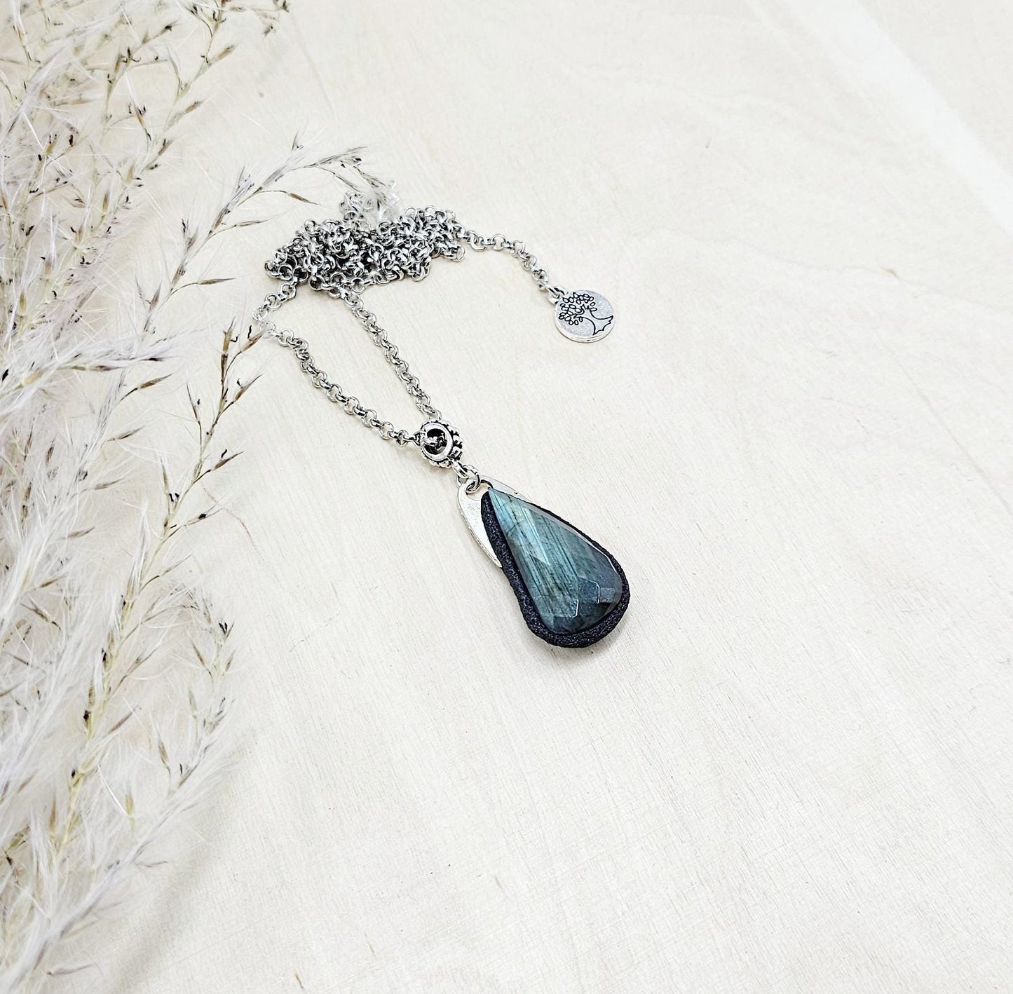 Labradorite Pendant with Short Metal Chain, Protective Amulet, Labradorite Gemstone, Set in Polymer Clay, Talisman