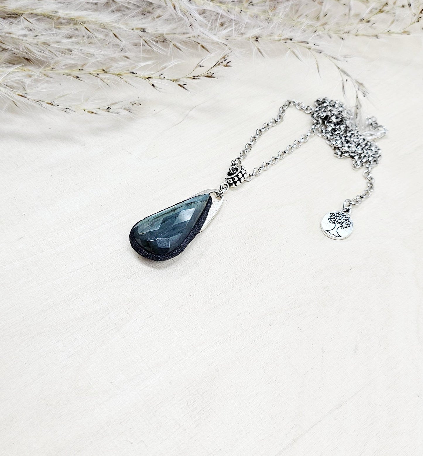 Labradorite Pendant with Short Metal Chain, Protective Amulet, Labradorite Gemstone, Set in Polymer Clay, Talisman