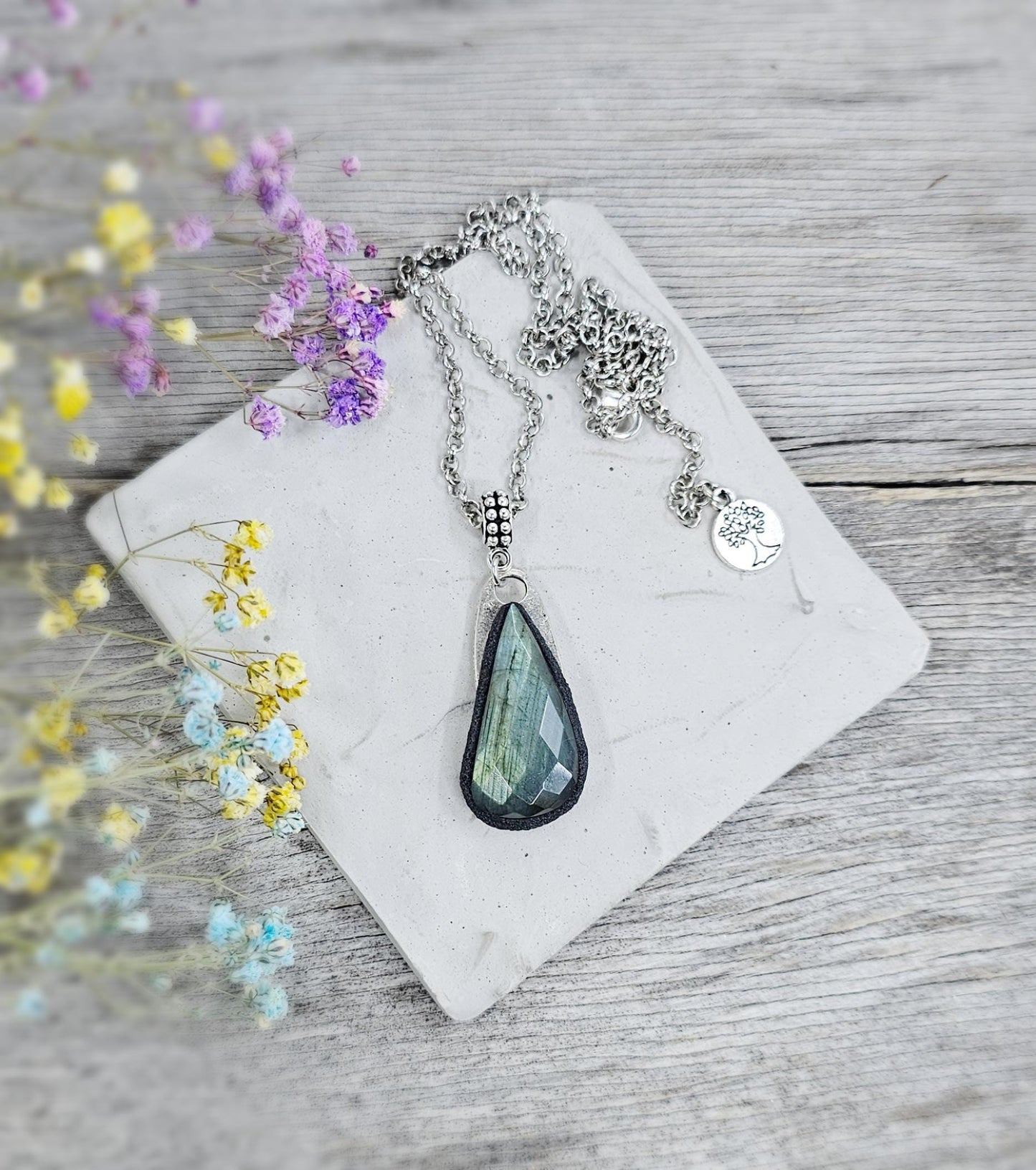 Labradorite Pendant with Short Metal Chain, Protective Amulet, Labradorite Gemstone, Set in Polymer Clay, Talisman