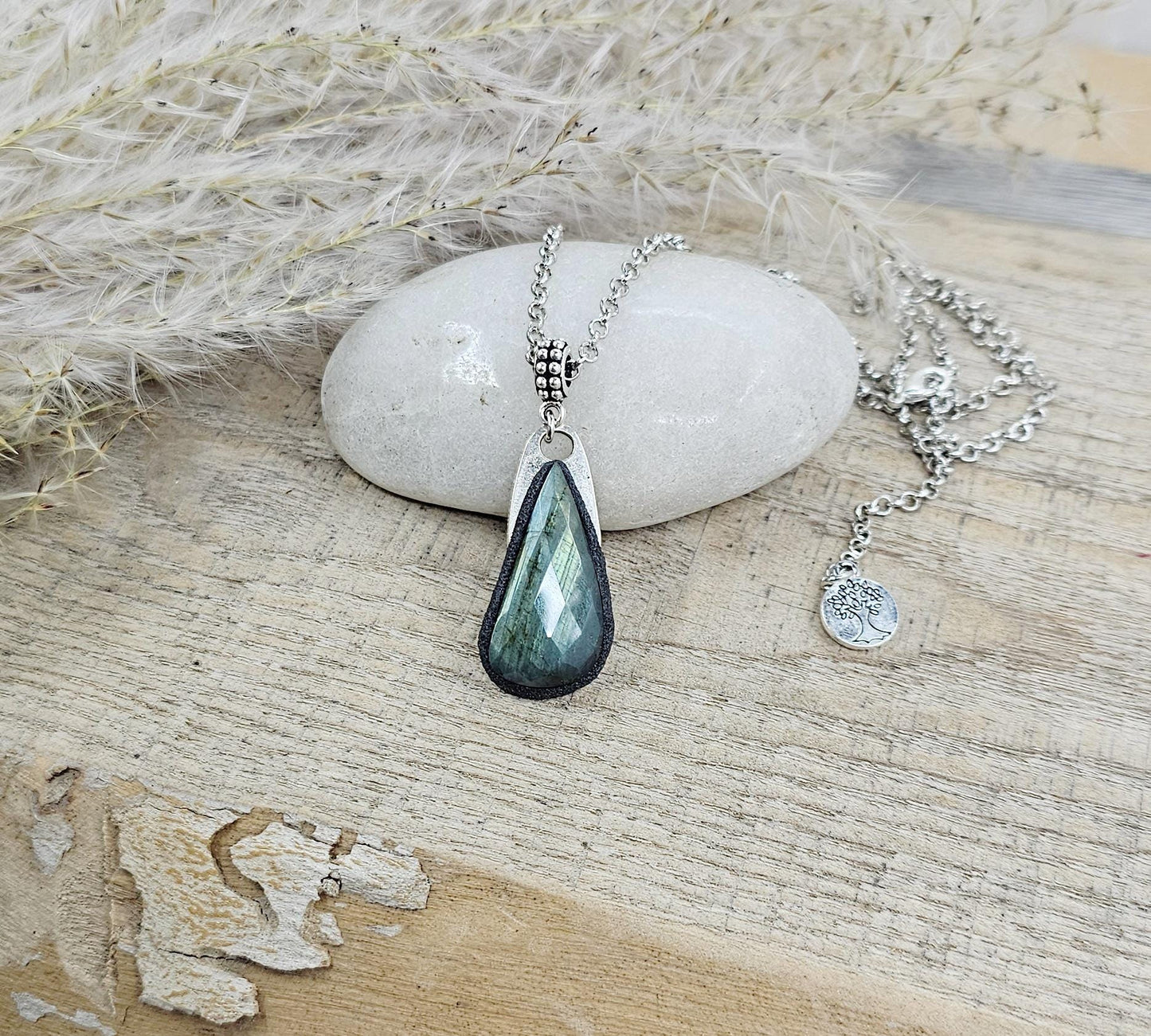 Labradorite Pendant with Short Metal Chain, Protective Amulet, Labradorite Gemstone, Set in Polymer Clay, Talisman