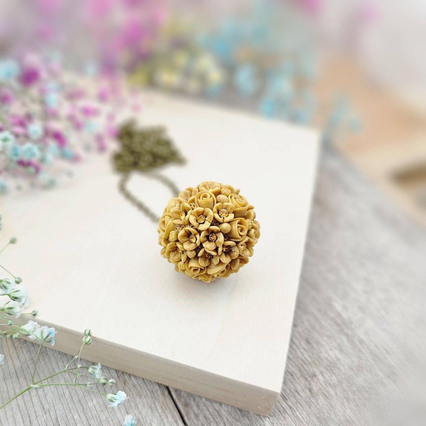 Golden Yellow Floral Polymer Clay Pendant with Crystals on Brass Chain