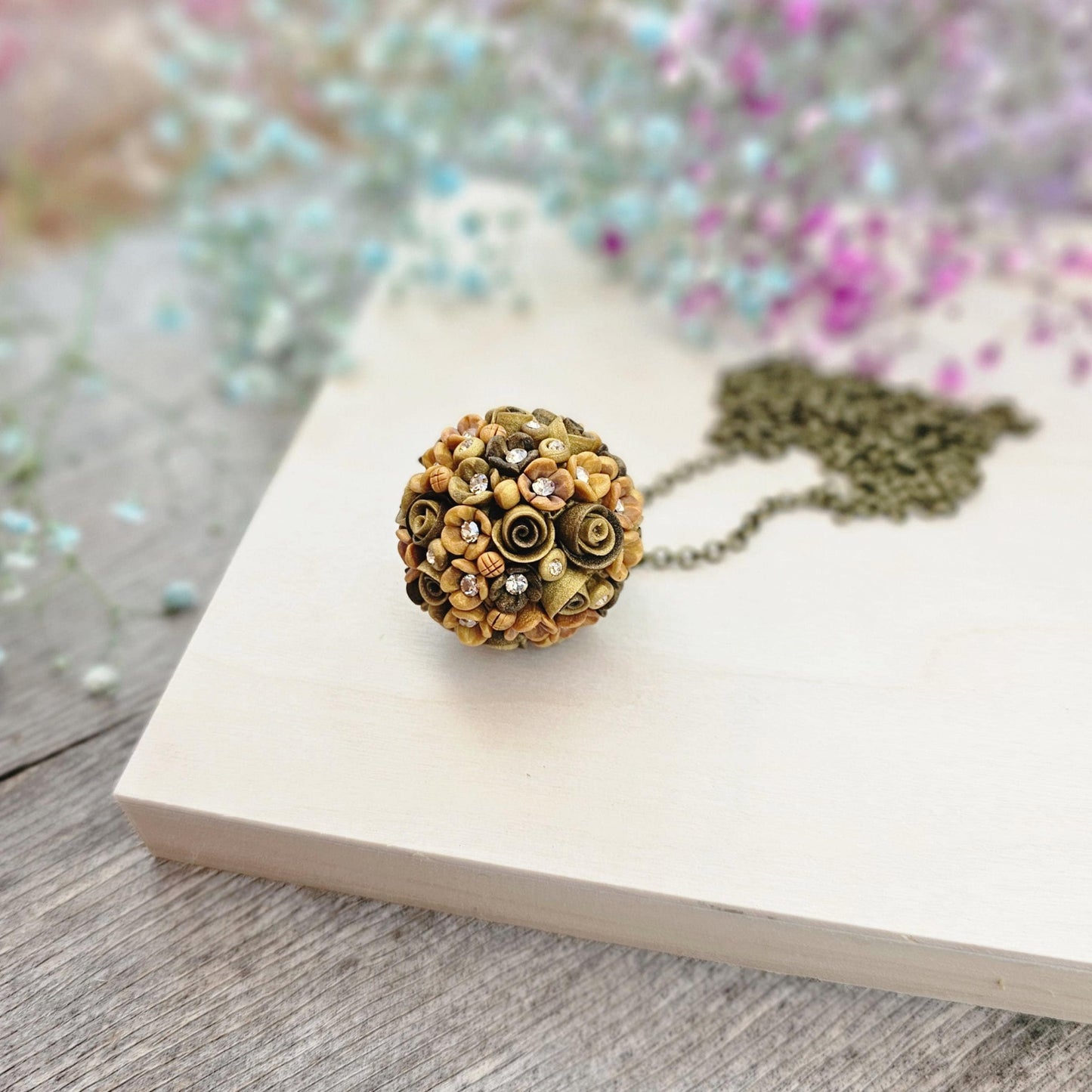 Golden Brown Earth Tone Flower Ball Pendant on Brass Chain