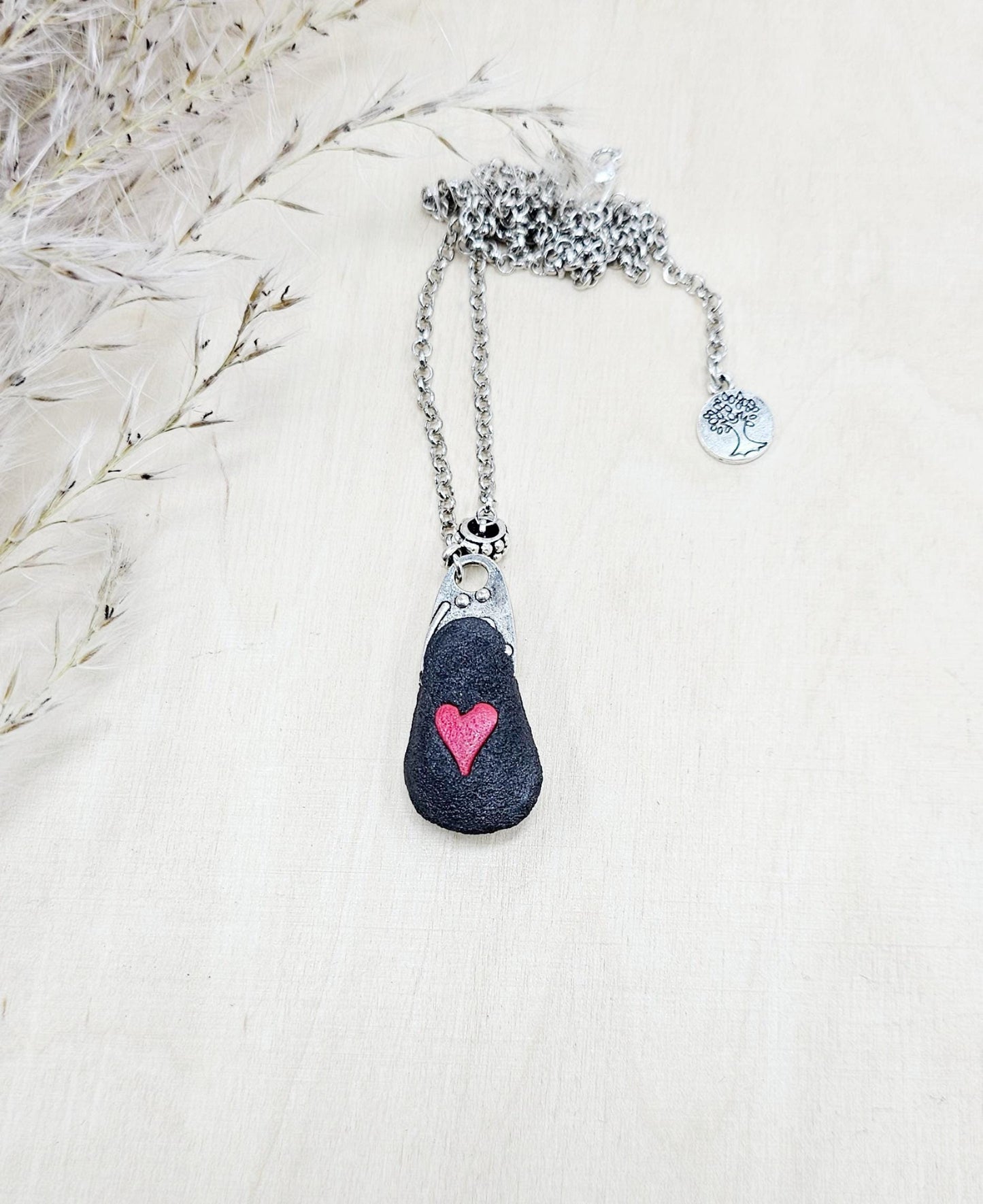 Labradorite Pendant with Short Metal Chain, Protective Amulet, Labradorite Gemstone, Set in Polymer Clay, Talisman
