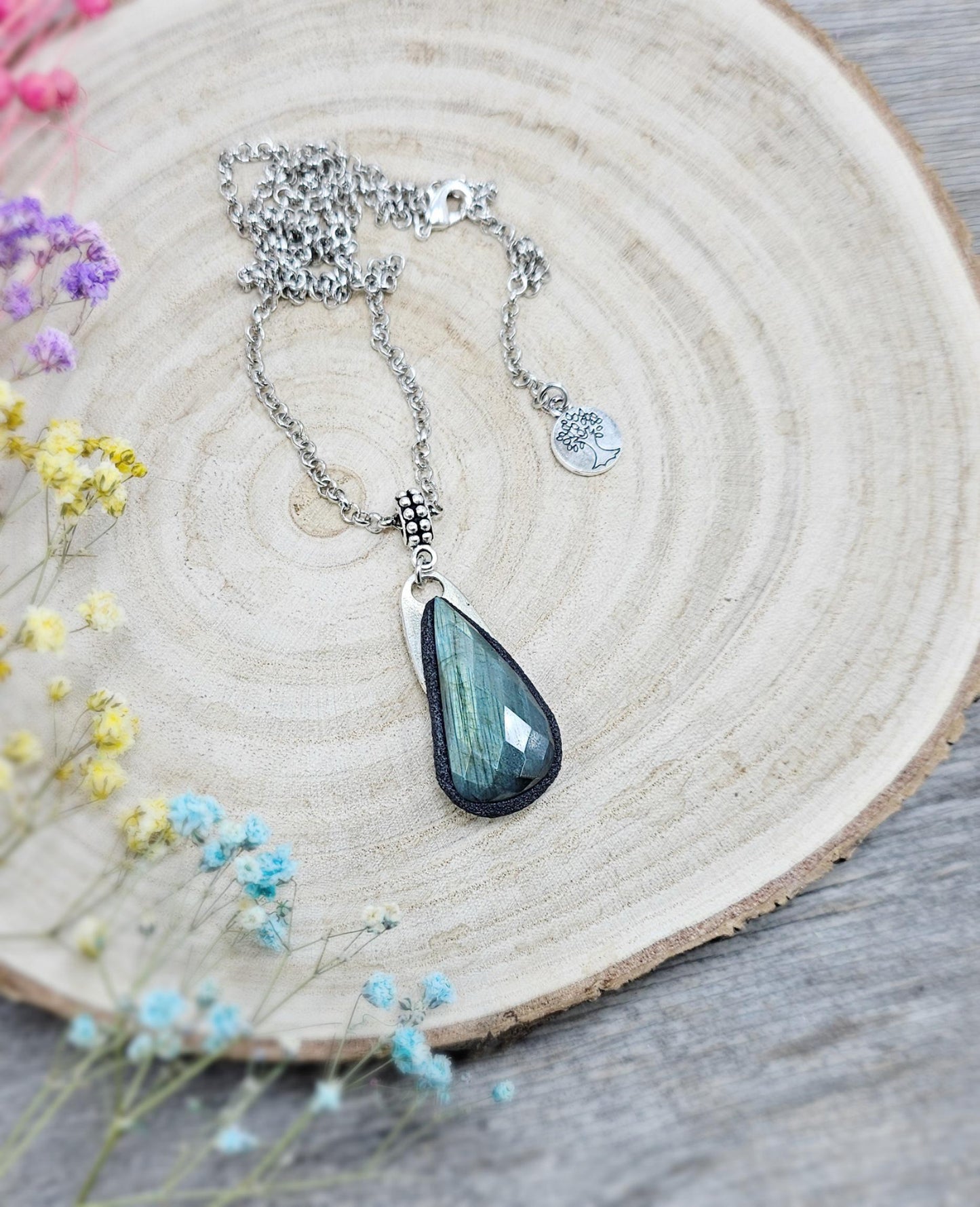 Labradorite Pendant with Short Metal Chain, Protective Amulet, Labradorite Gemstone, Set in Polymer Clay, Talisman