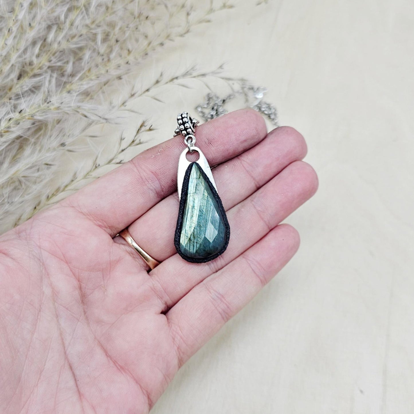 Labradorite Pendant with Short Metal Chain, Protective Amulet, Labradorite Gemstone, Set in Polymer Clay, Talisman