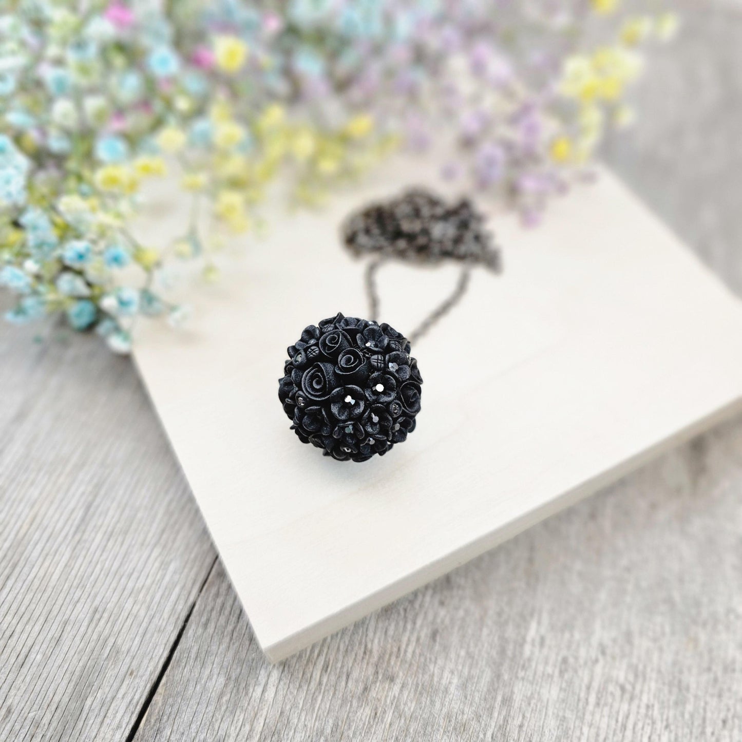 Elegant Black Floral Polymer Clay Pendant with Crystals – Handmade Flower Jewelry on Metal Chain
