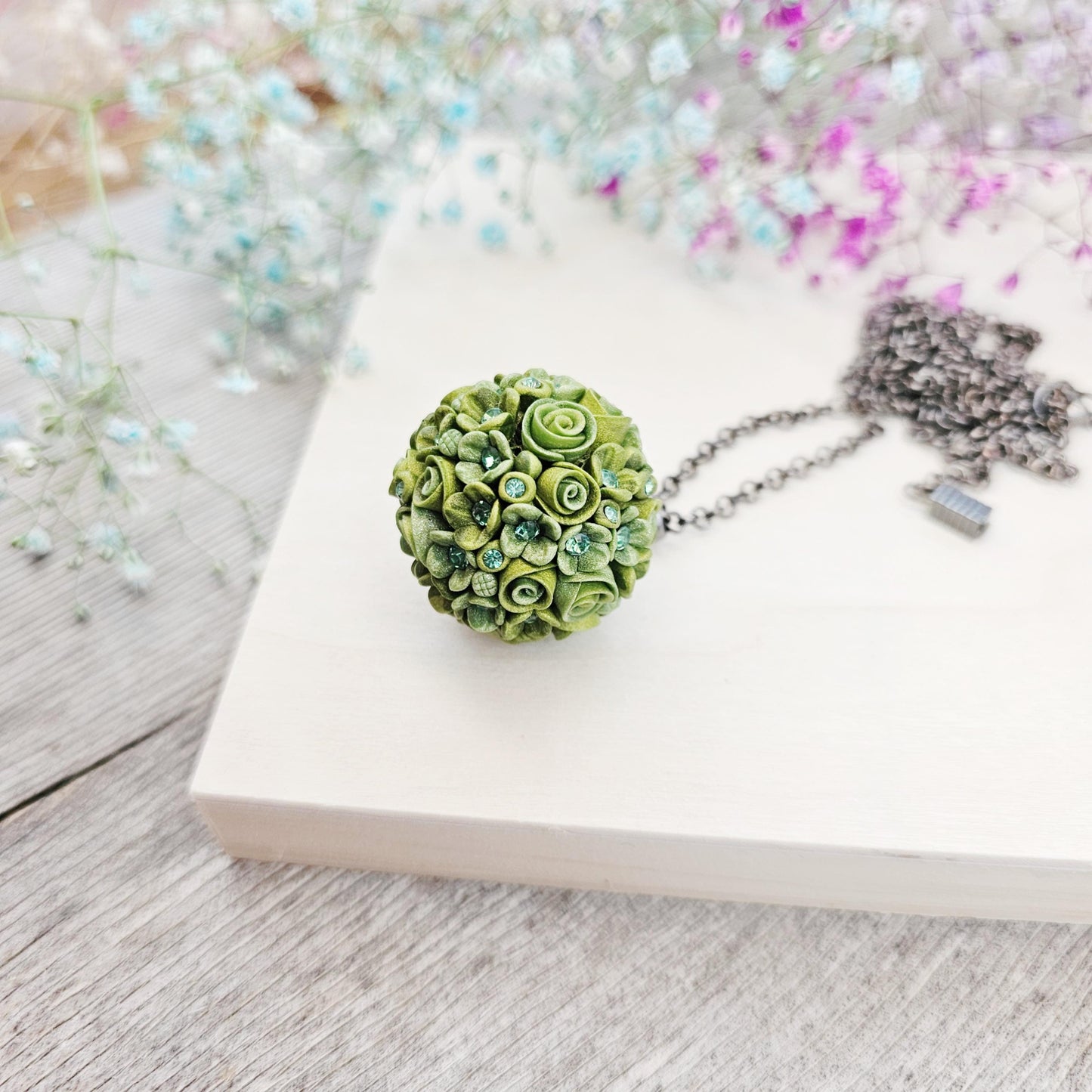 Handmade Green Polymer Clay Flower Ball Pendant on Black Chain