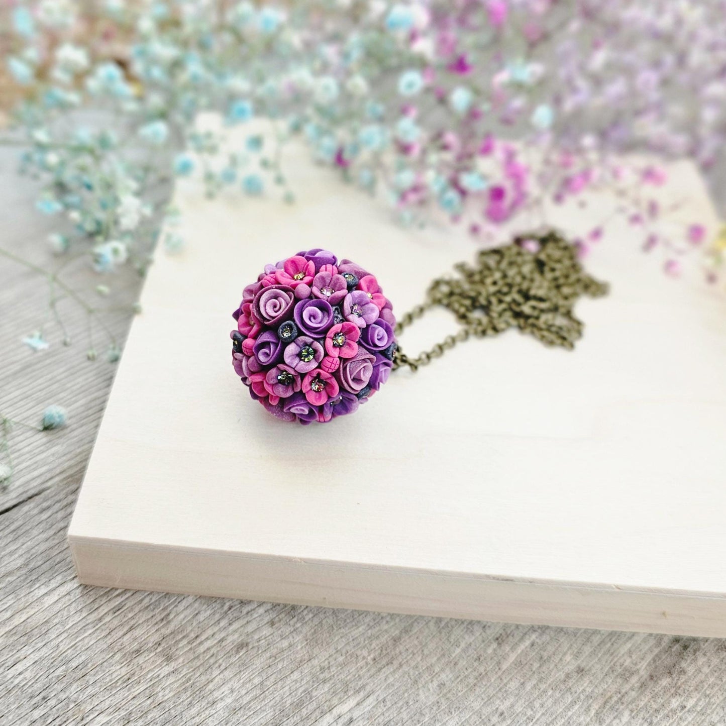 Purple Floral Polymer Clay Pendant on Brass Chain