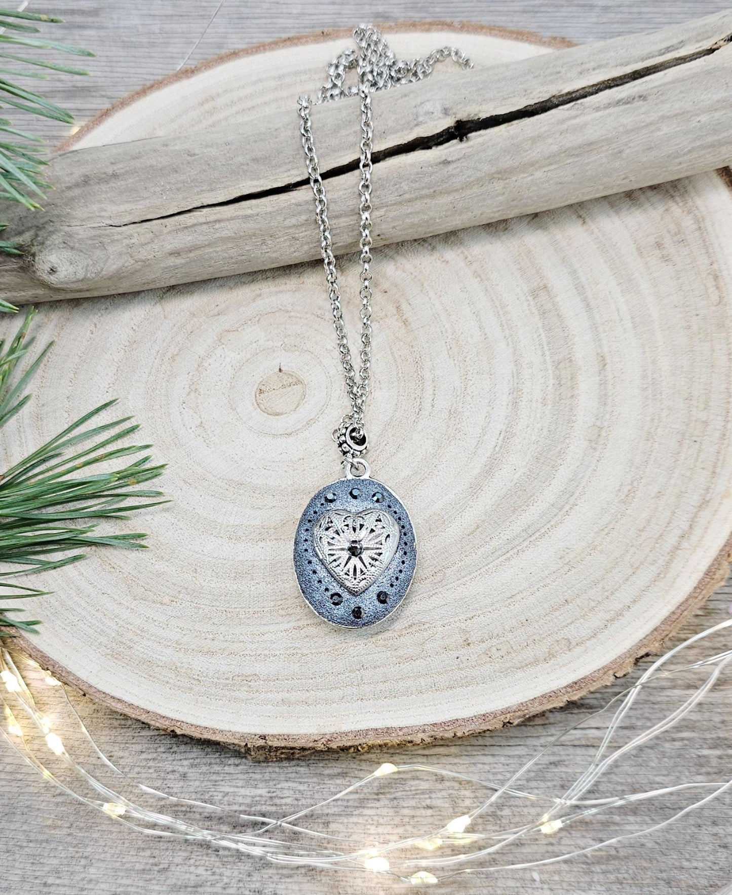 Double Sided Pendant Locket with Labradorite and Heart, Valentine day Love gift, For essential oil or Photo, Boho style, Protective Stone