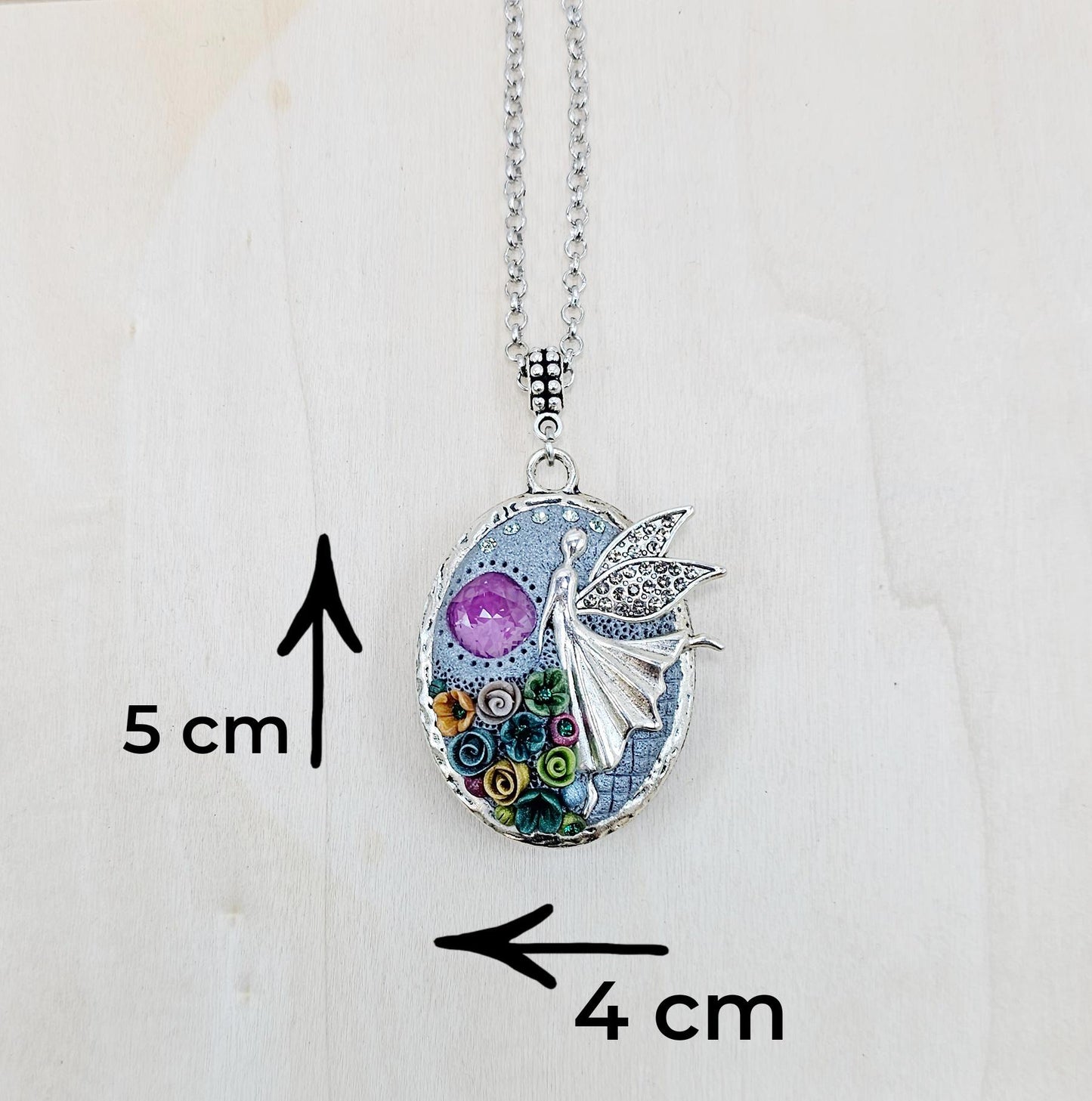 colorful fairy angel pendant locket witch crystal and polymer clay flowers