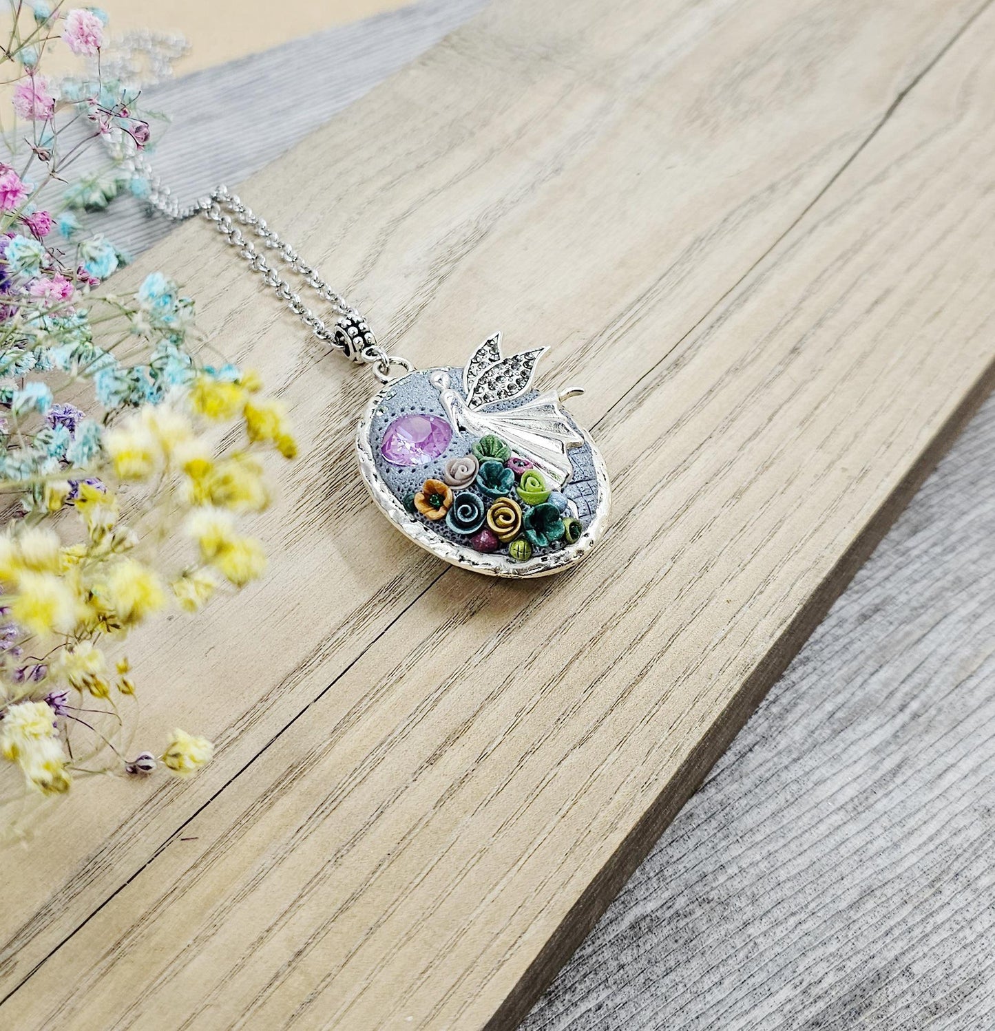 colorful fairy angel pendant locket witch crystal and polymer clay flowers