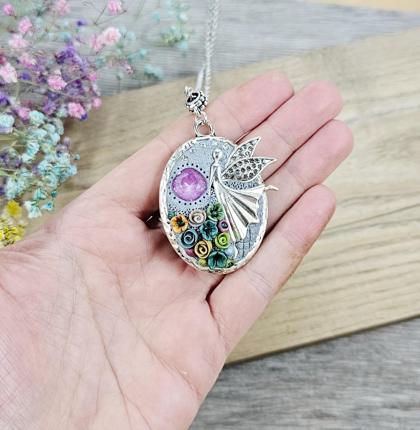 colorful fairy angel pendant locket witch crystal and polymer clay flowers