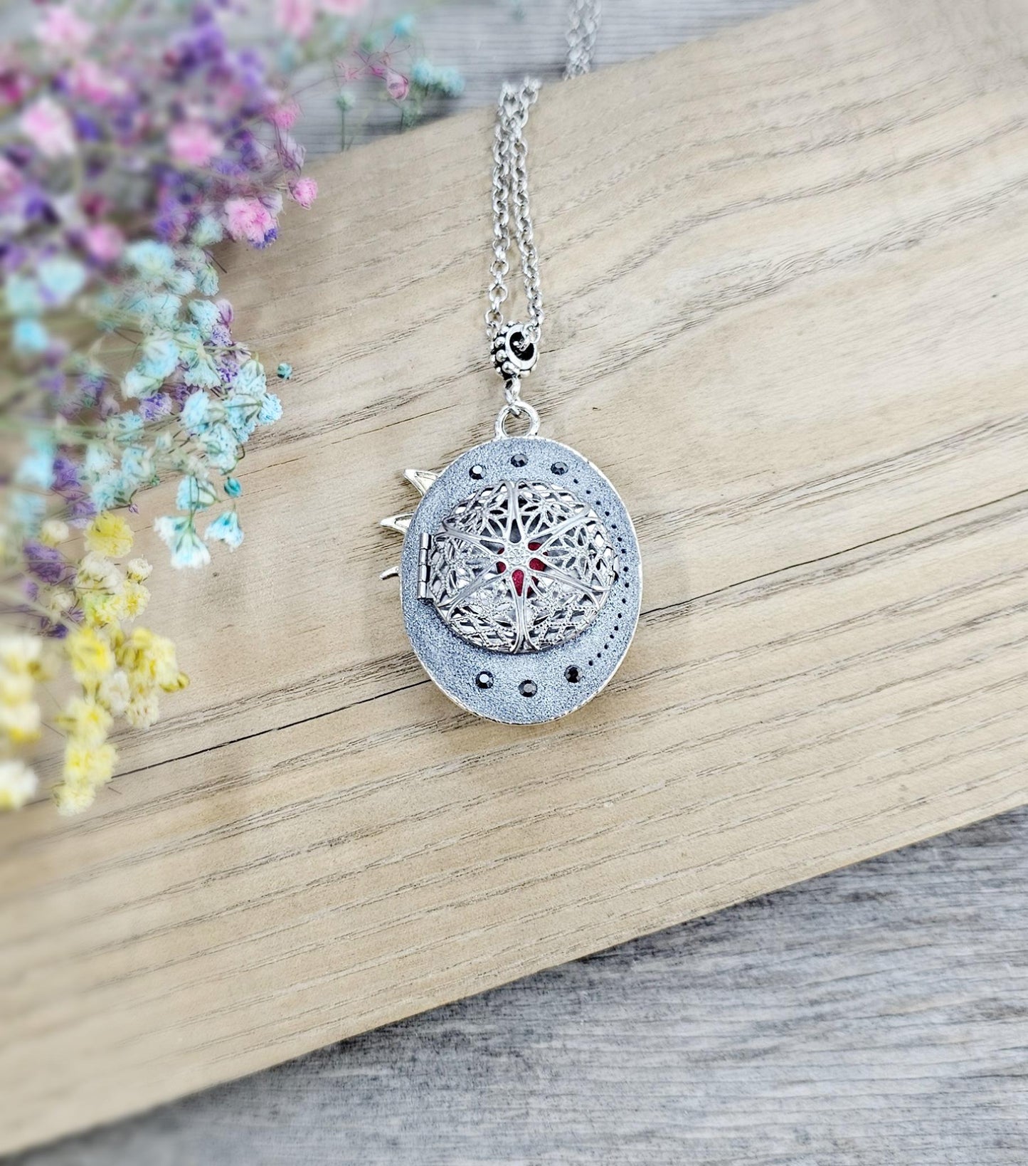 colorful fairy angel pendant locket witch crystal and polymer clay flowers