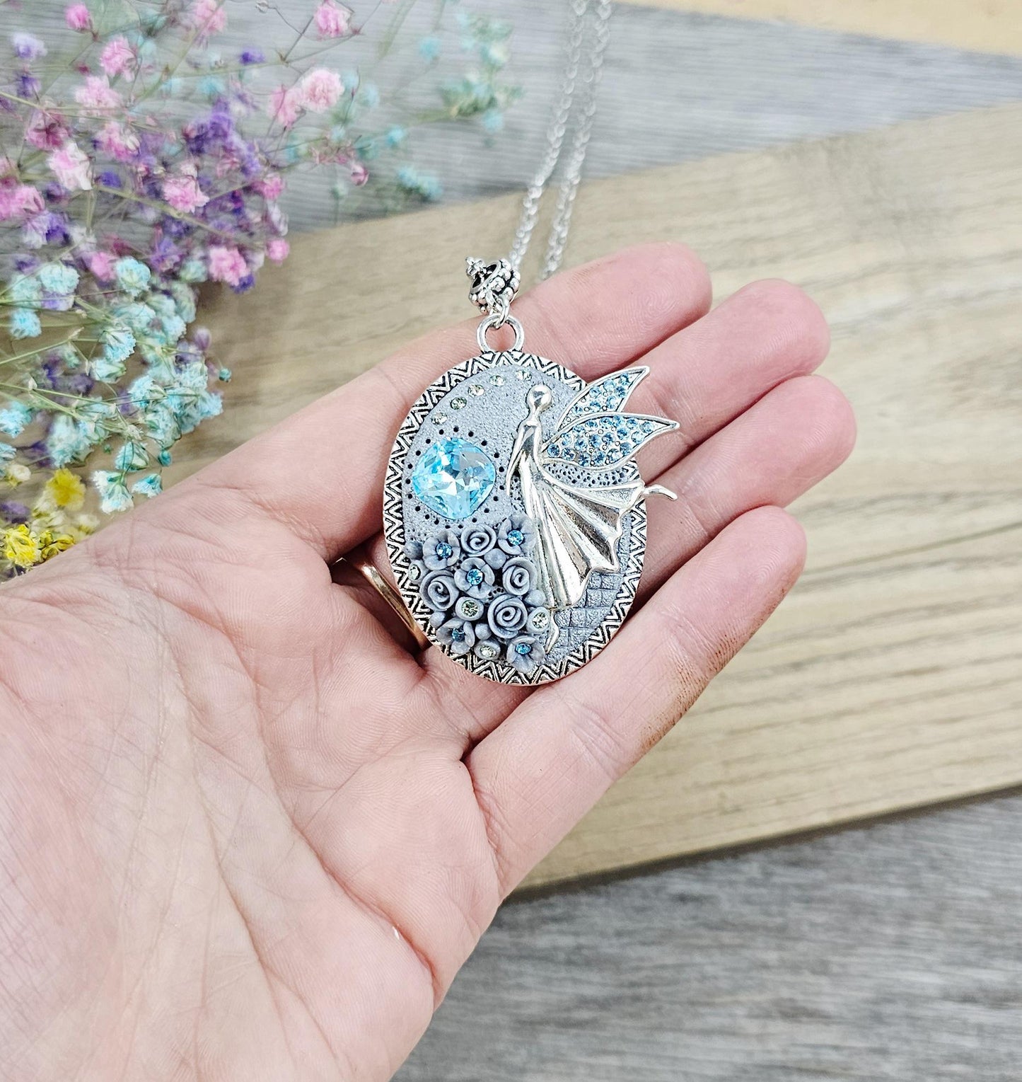 polymer clay and metal pendant locket with fairy angel, crystal, polymer clayflowers, perfect for Valentine day gift