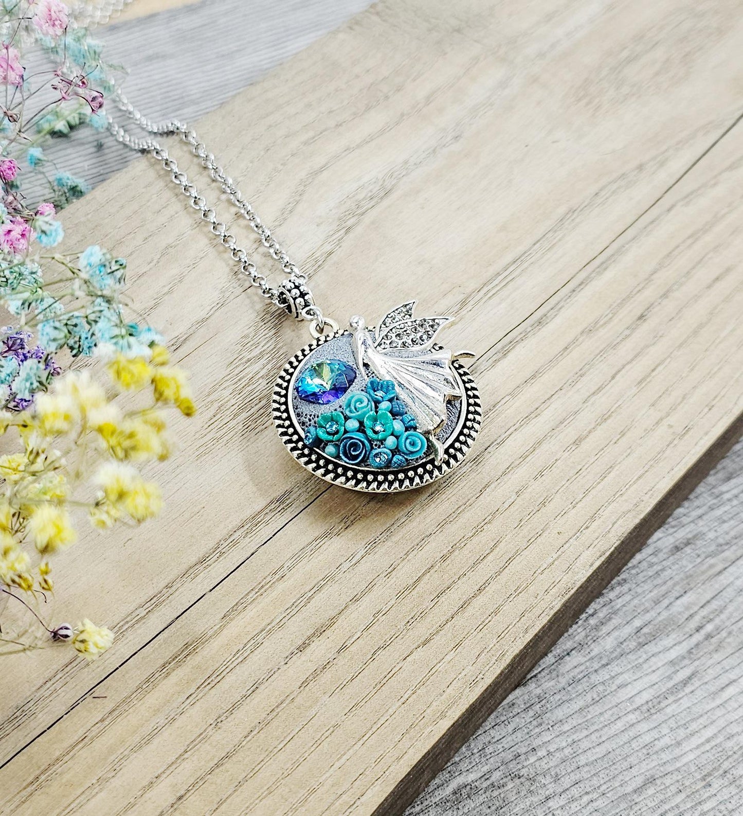 double sided turquoise polymer clay flowers, pendant locket, fairy, angel, for photoor essential oil, gift fot Valentine day