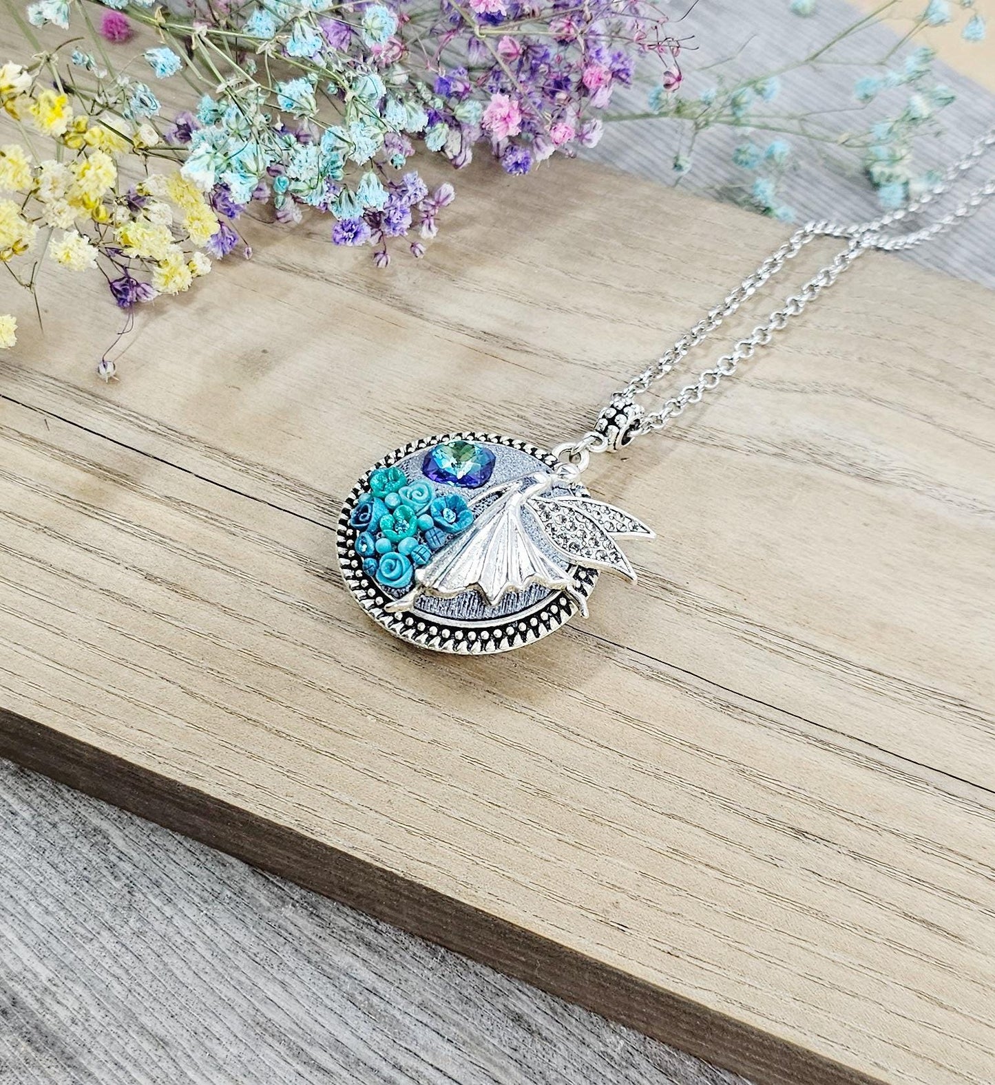 double sided turquoise polymer clay flowers, pendant locket, fairy, angel, for photoor essential oil, gift fot Valentine day