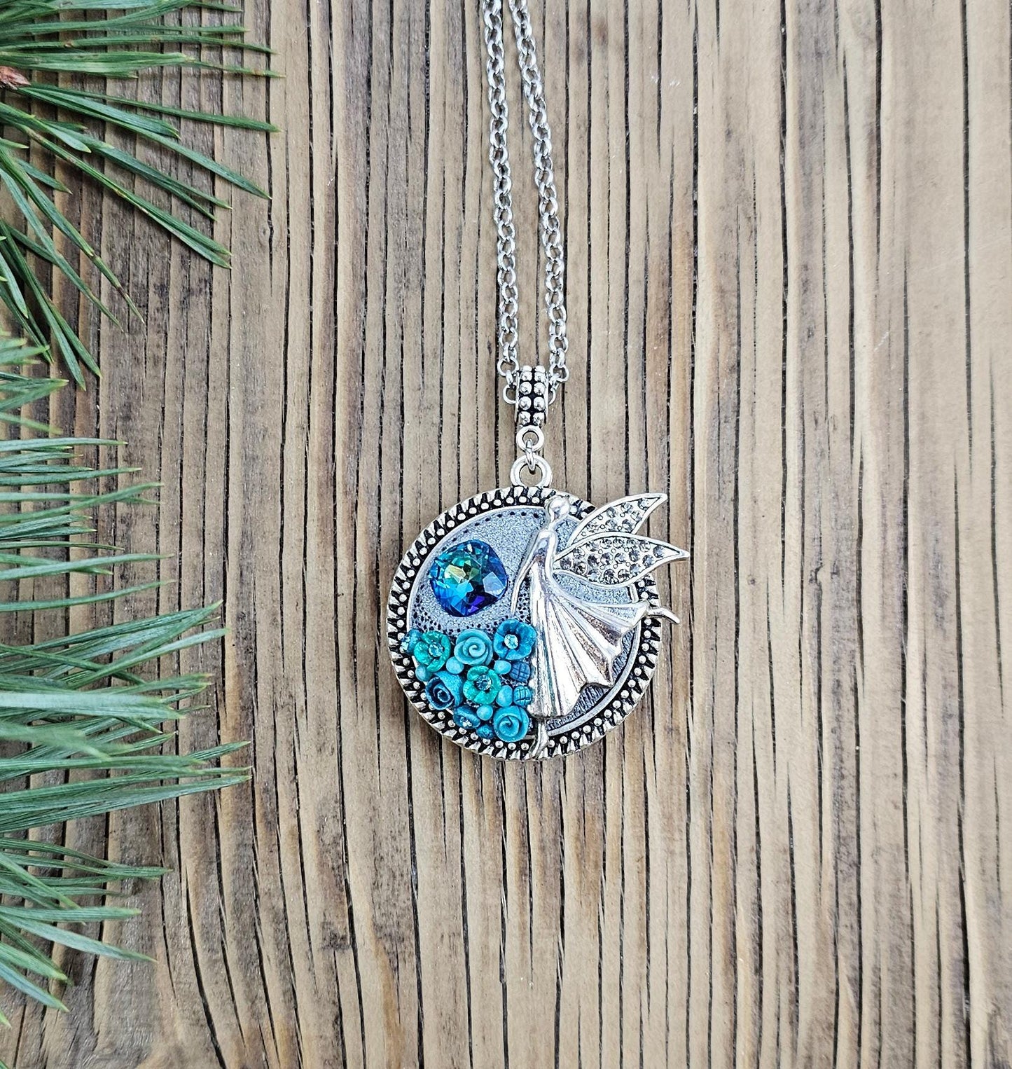 double sided turquoise polymer clay flowers, pendant locket, fairy, angel, for photoor essential oil, gift fot Valentine day