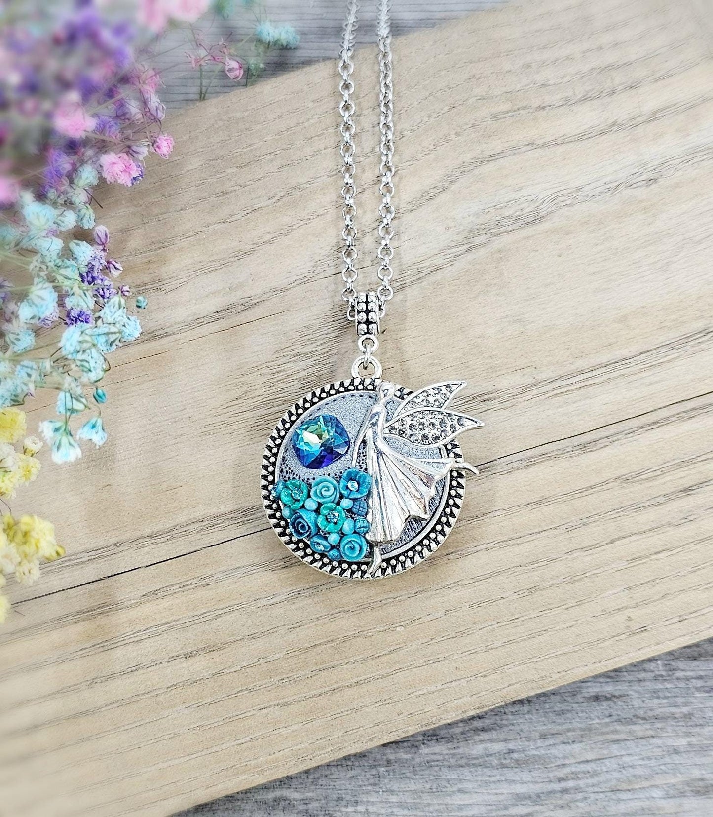 double sided turquoise polymer clay flowers, pendant locket, fairy, angel, for photoor essential oil, gift fot Valentine day