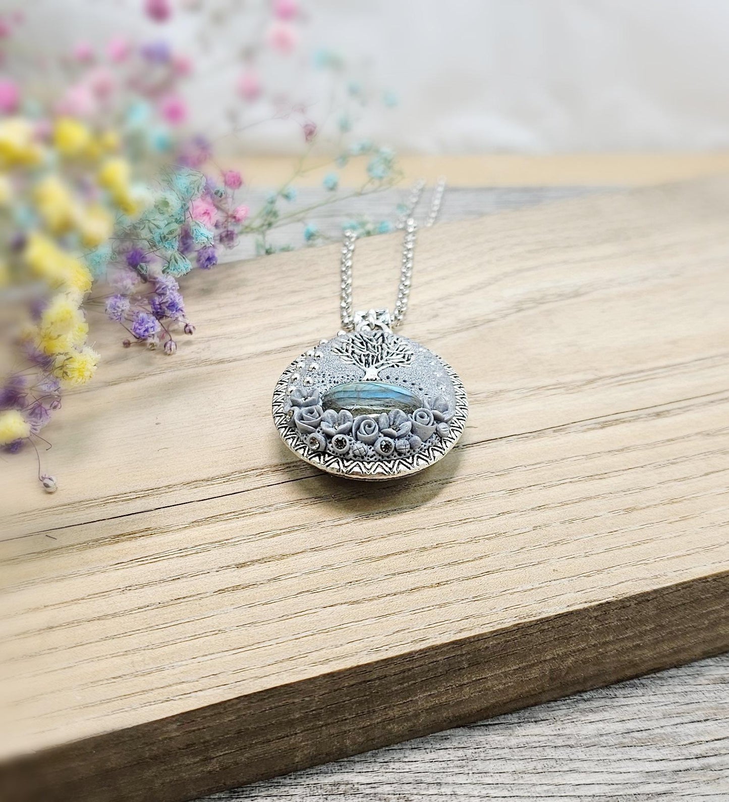 Tree of Life, Tree of Life Pendant, Pendant, Locket Pendant, Labradorite , Labradorite Pendant, Labradorite Jewelry, Floral Jewelry, Polymer Clay, Clay Pendant, Floral Pendant, Gift For Mom, Gift For Her