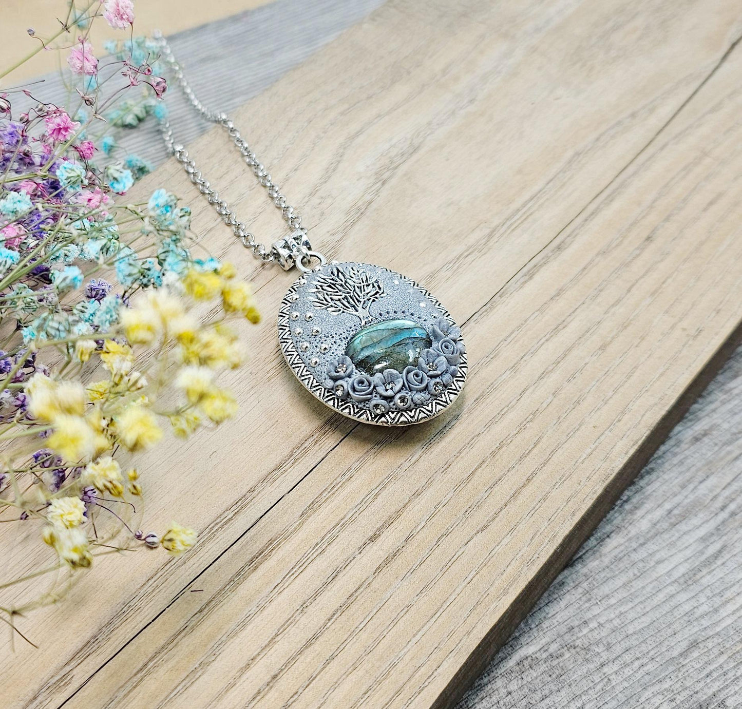 Tree of Life, Tree of Life Pendant, Pendant, Locket Pendant, Labradorite , Labradorite Pendant, Labradorite Jewelry, Floral Jewelry, Polymer Clay, Clay Pendant, Floral Pendant, Gift For Mom, Gift For Her