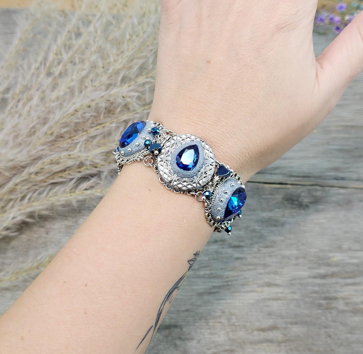 Blue crystal bracelet with polymer clayflowers, locket, dragonfly and tree. polymer clay, polymer bracelet, Clay Bracelet, polymer clay jewelry, Polymer clay beads, Polymer Flowers, Crystal Bracelet