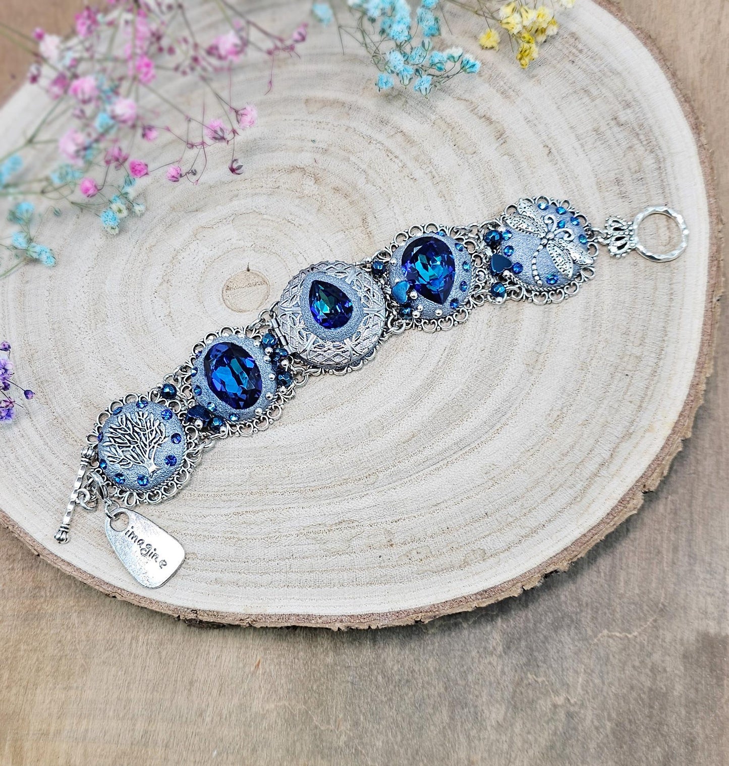 Blue crystal bracelet with polymer clayflowers, locket, dragonfly and tree. polymer clay, polymer bracelet, Clay Bracelet, polymer clay jewelry, Polymer clay beads, Polymer Flowers, Crystal Bracelet