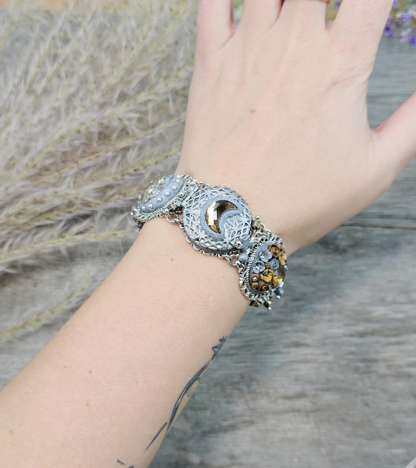 Brown crystal bracelet with locket, owl,moon, polymer clay flowers