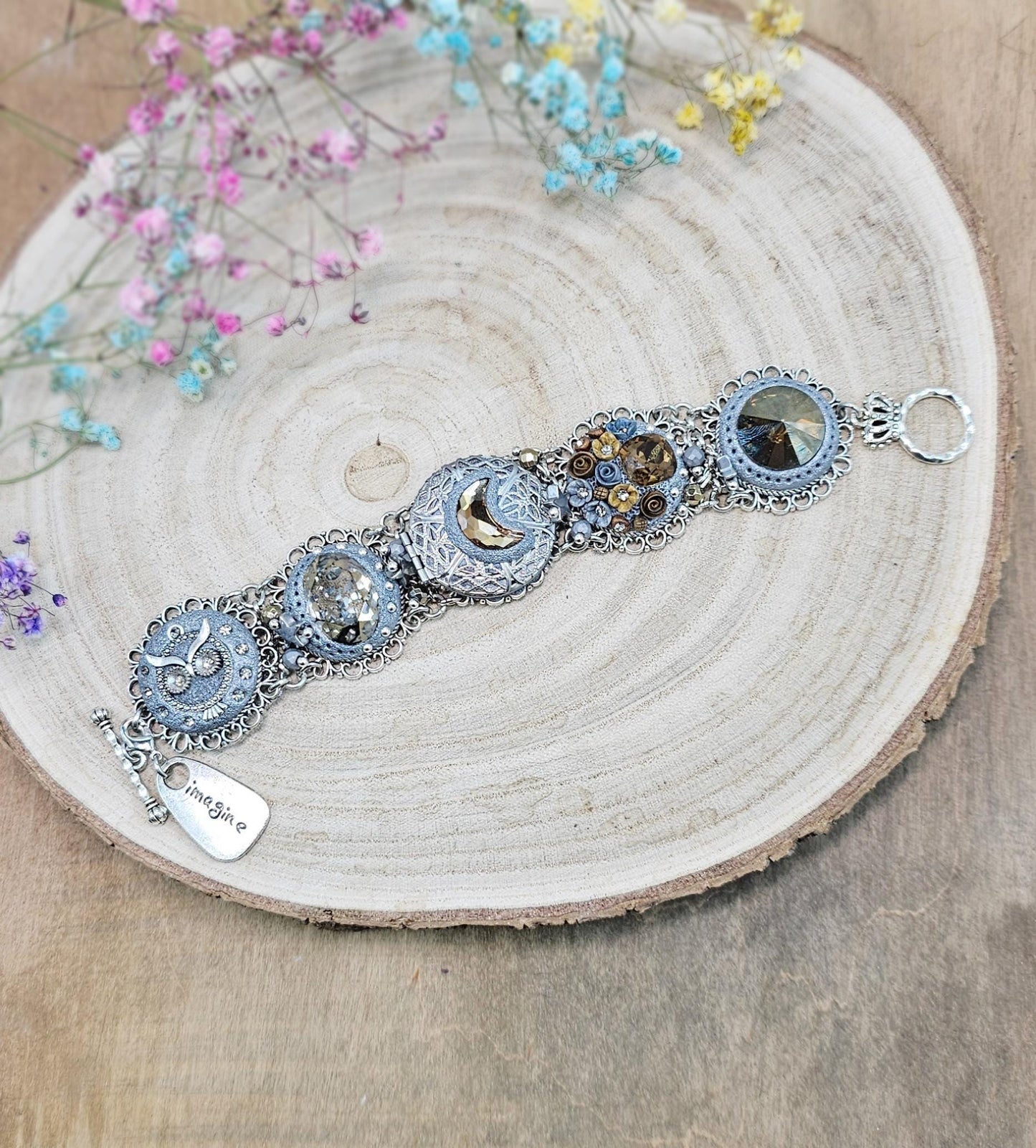 Brown crystal bracelet with locket, owl,moon, polymer clay flowers